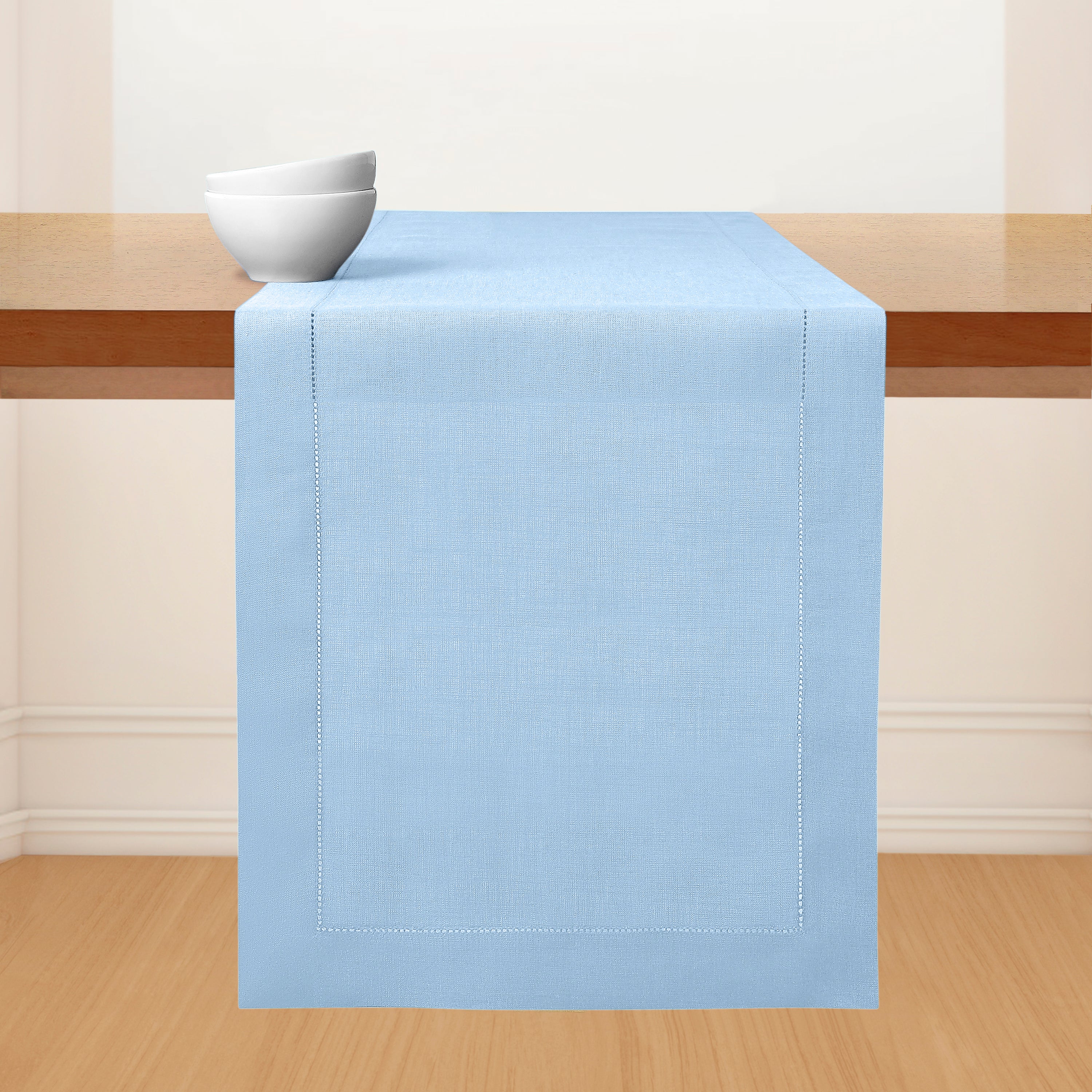 Powder Blue Linen Table Runner, Hemstitch