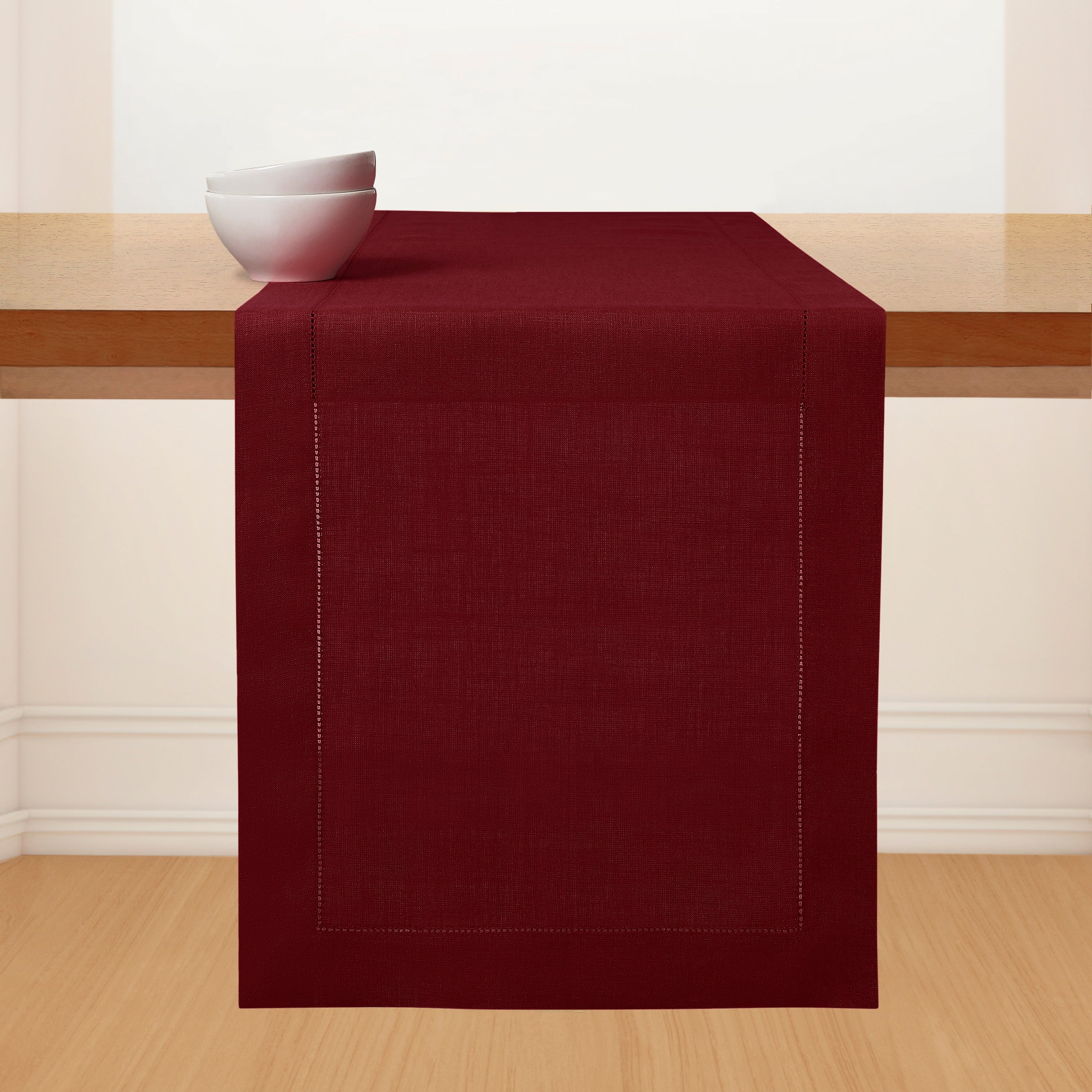 Dark Red Linen Table Runner, Hemstitch