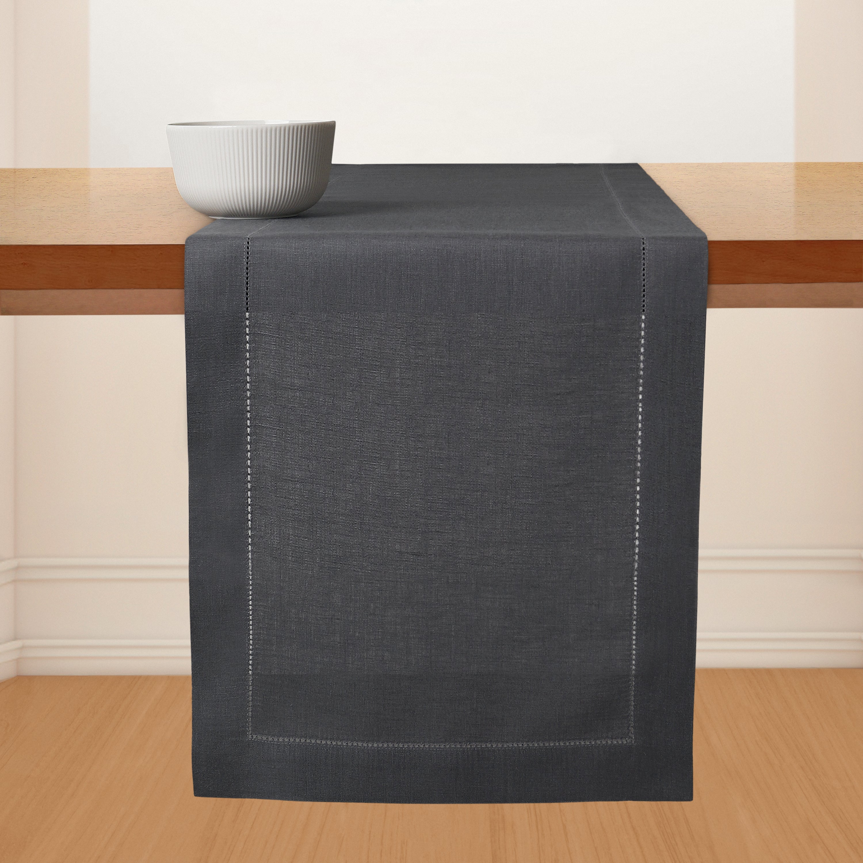 Charcoal Grey Linen Table Runner, Hemstitch