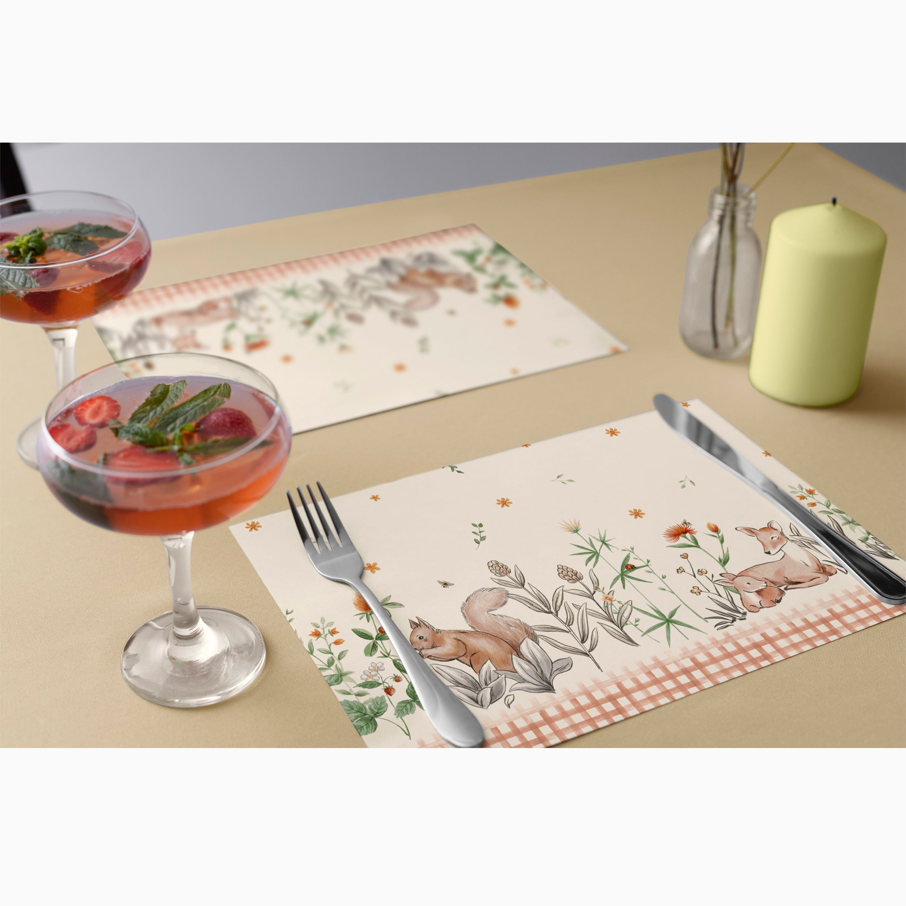 Harvest Critters Placemats - Fall Inspired Squirrel and Deer Design  - 14 x 19 Inch, 8 pcs