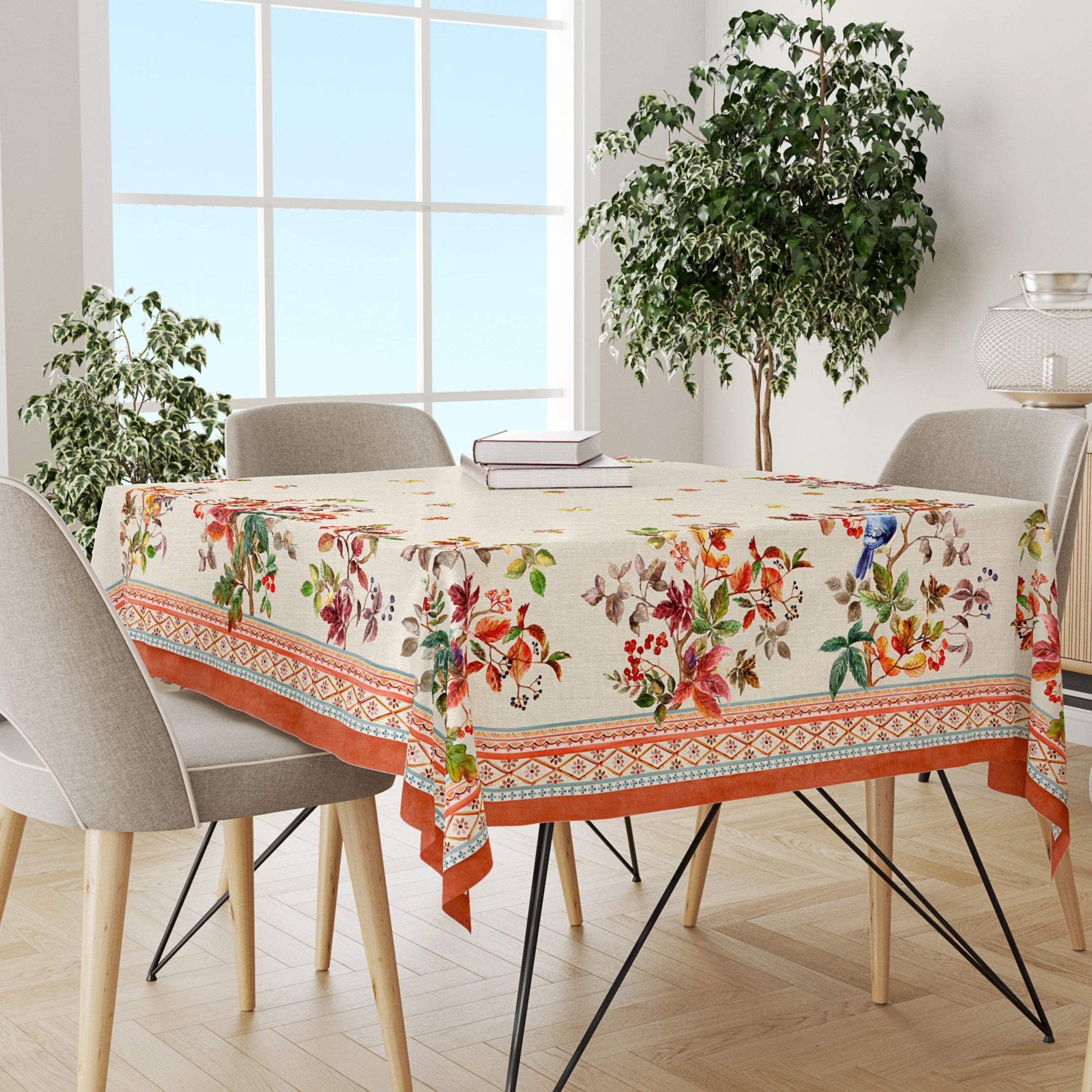 Autumn Songbirds Tablecloth - Fall Leaves and Birds Design, Table Cover for Autumn Gatherings