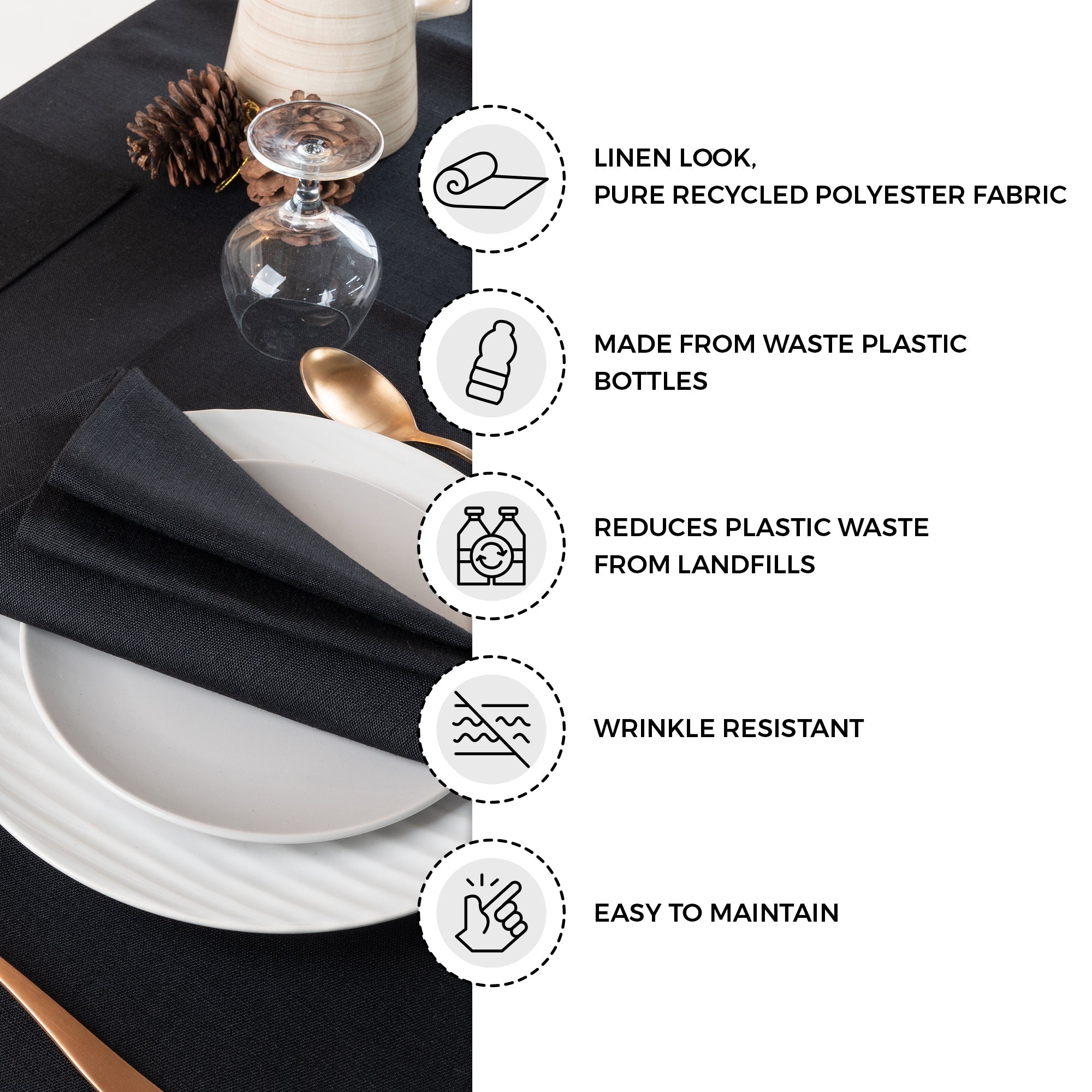 Black Faux Linen Placemats, Plain, 13 x 18 inch, 4 pcs