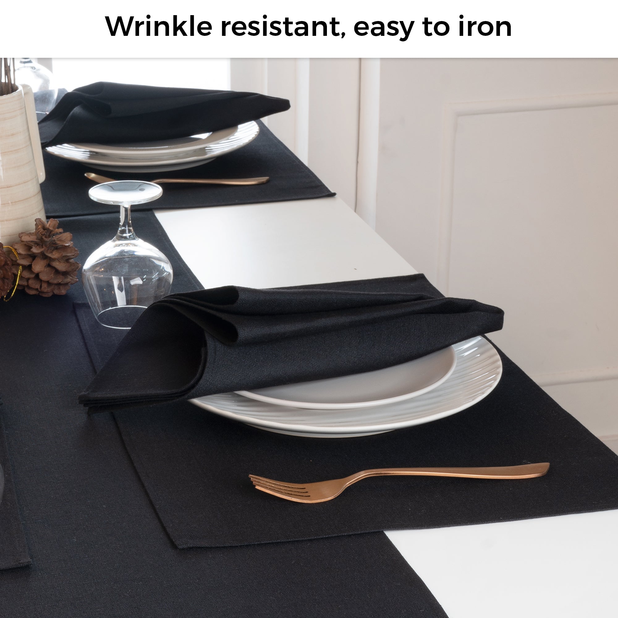 Black Faux Linen Placemats, Plain, 13 x 18 inch, 4 pcs