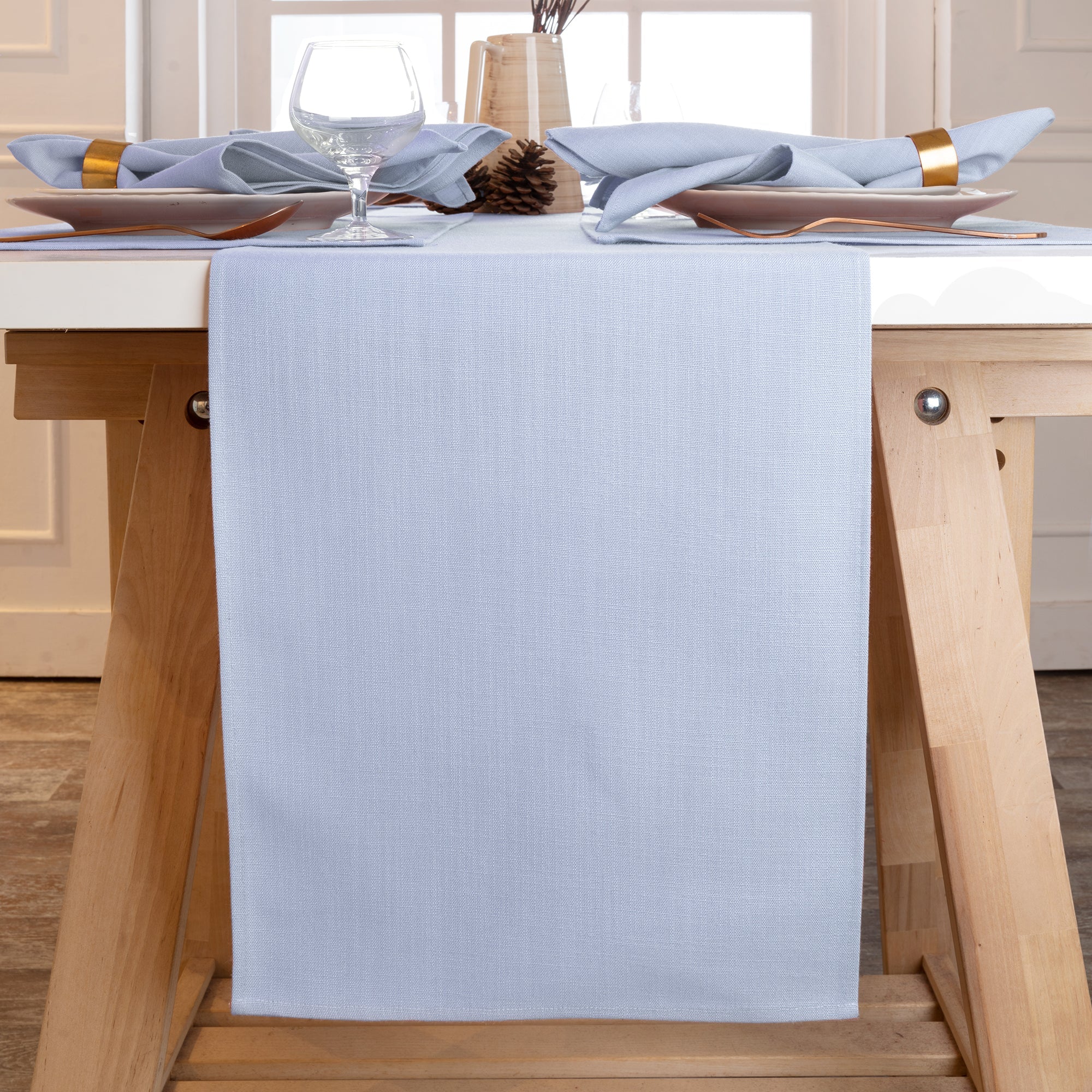 Light Blue Table Runner, Faux Linen, Plain