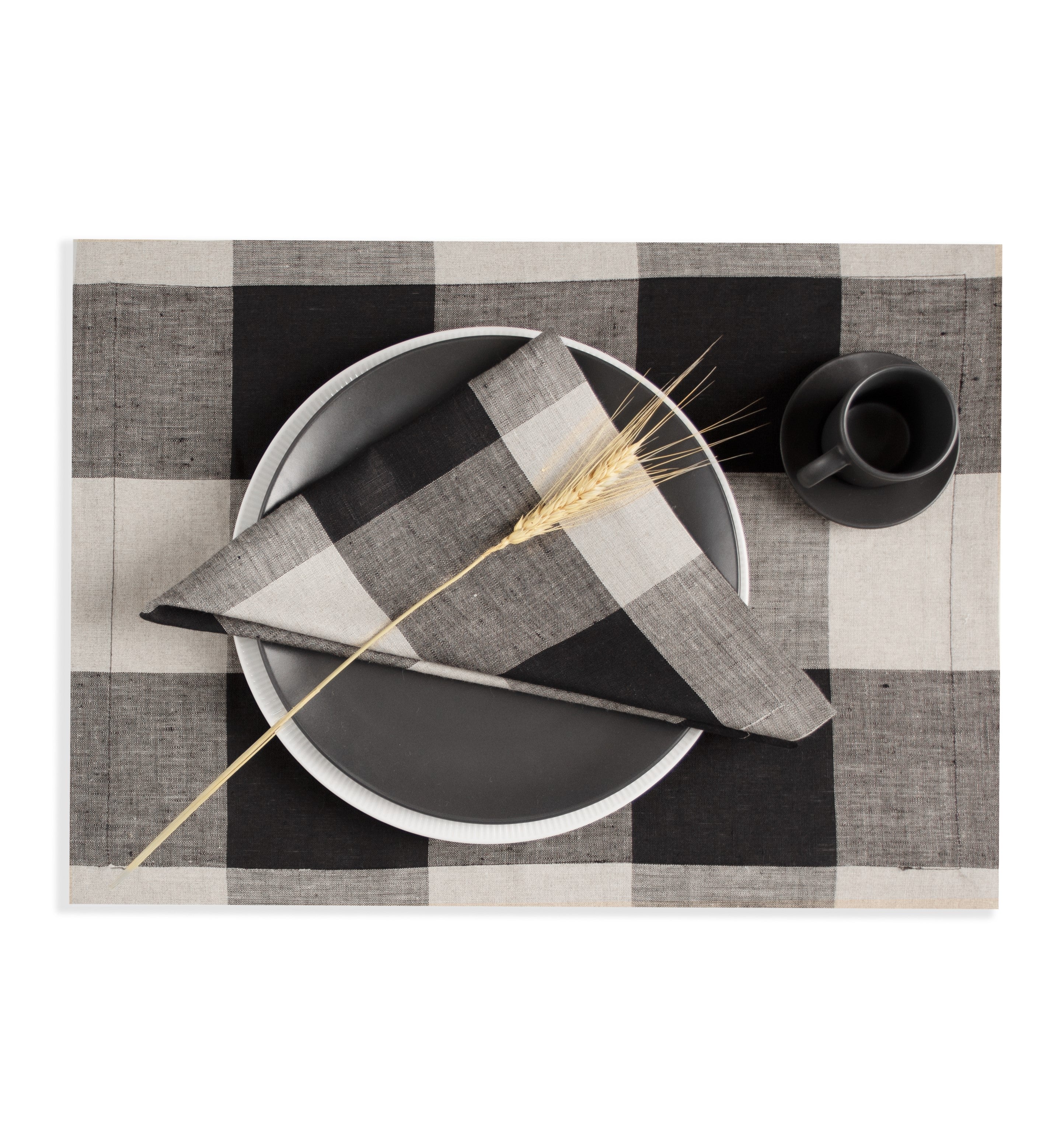 Natural and Black Linen Napkins, Buffalo Check, 20 x 20 inch, 4 pcs