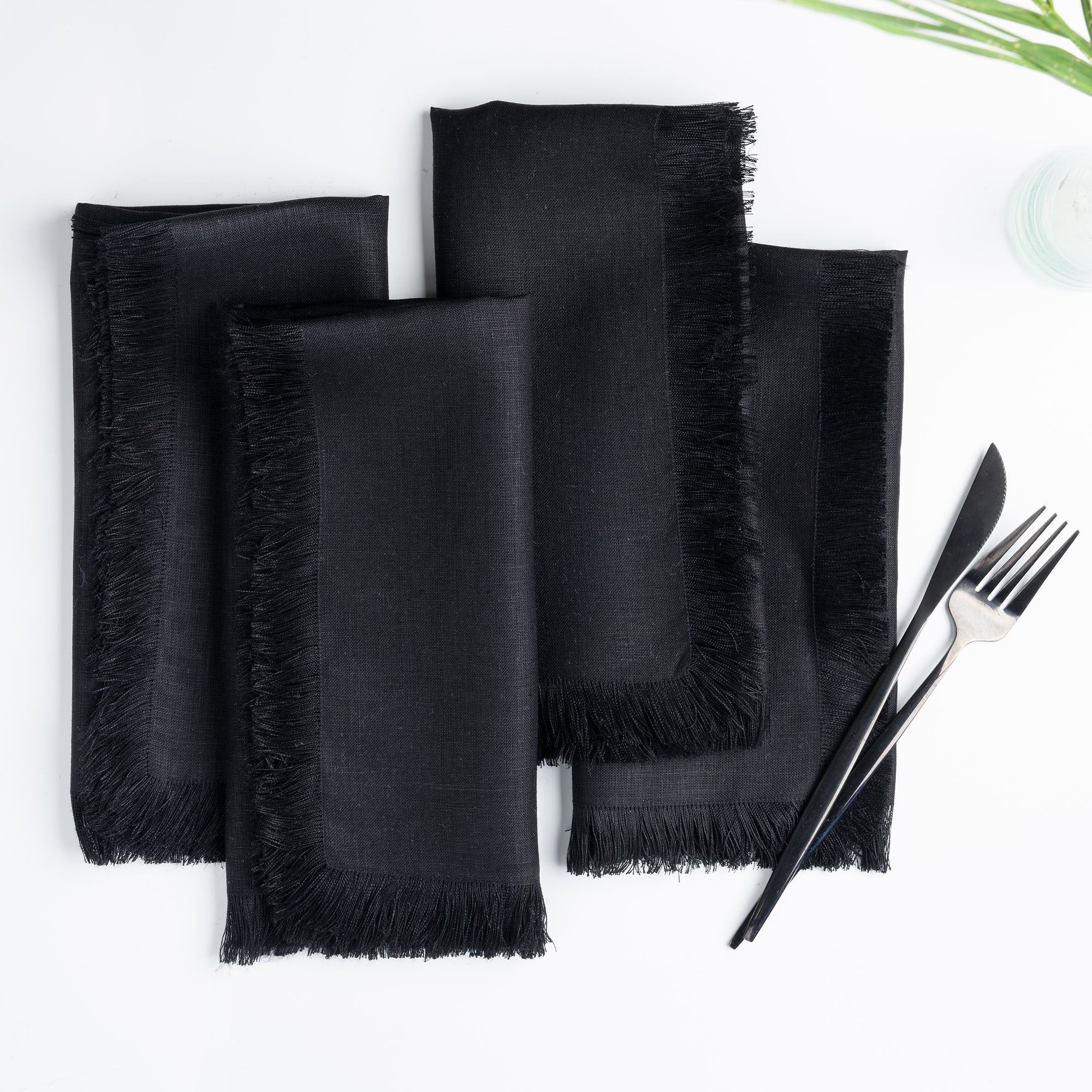 Black Linen Napkins, Fringe, 20 x 20 inch, 4 pcs