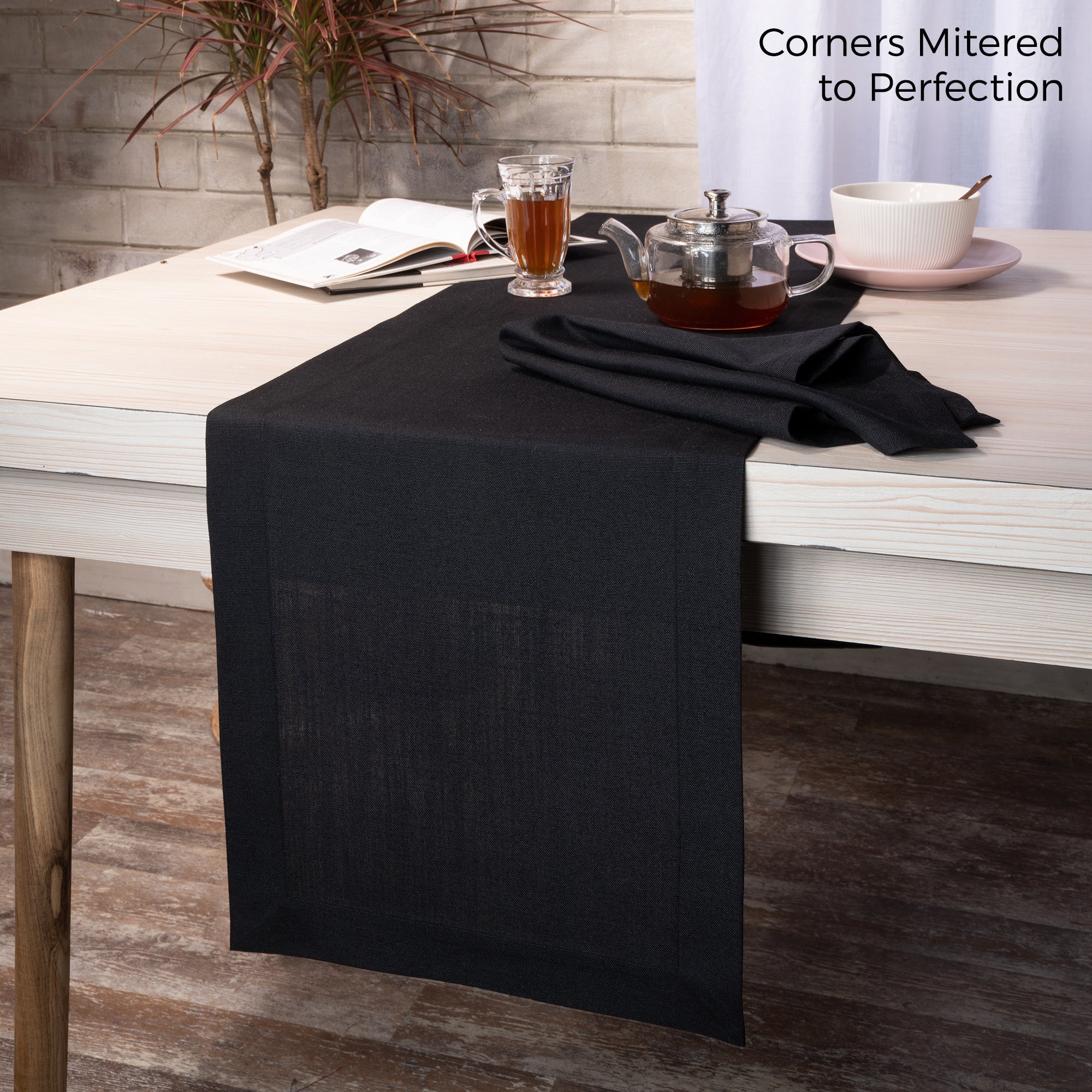 Black Table Runner, Faux Linen, Mitered Corner