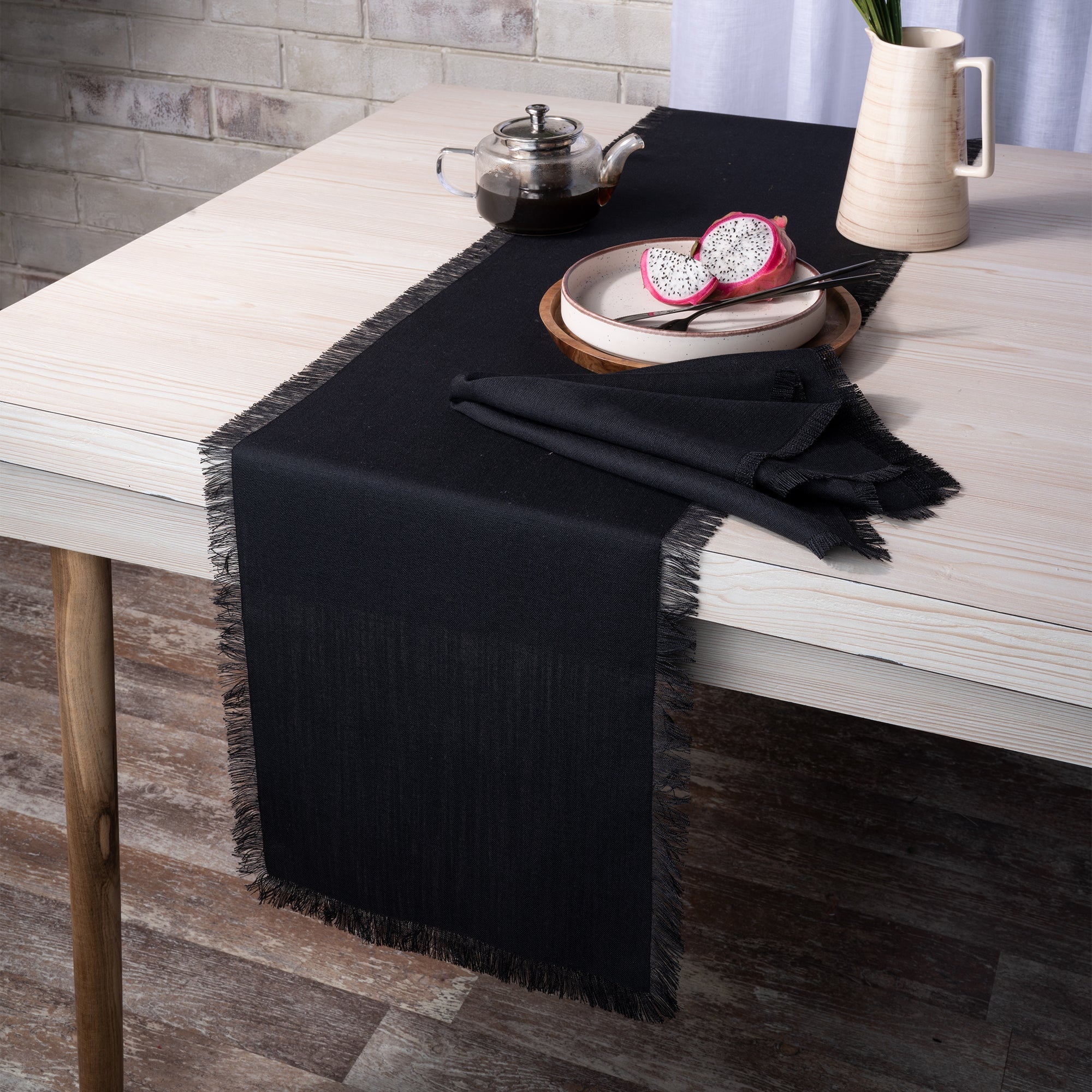 Black Table Runner, Faux Linen, Fringe