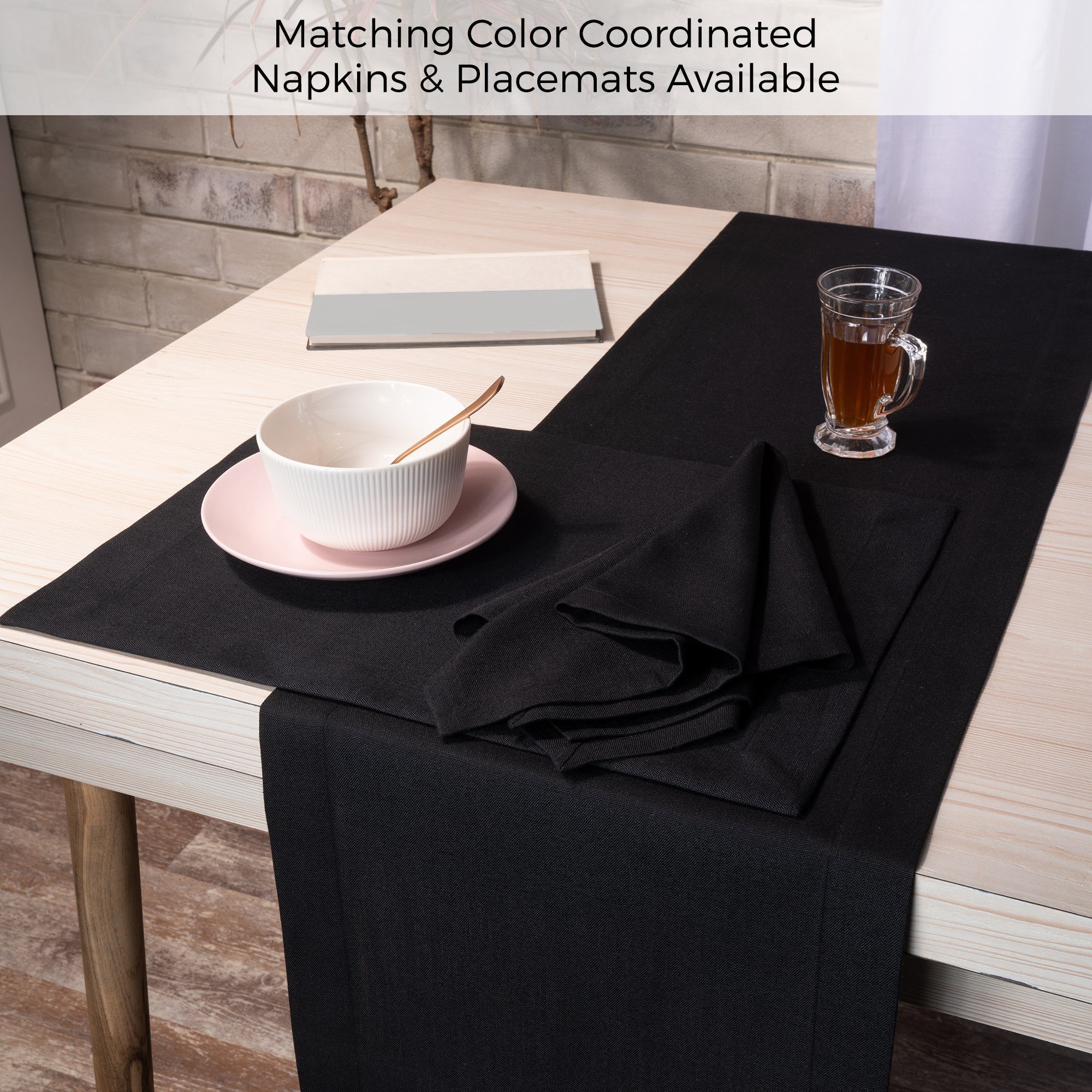 Black Table Runner, Faux Linen, Mitered Corner