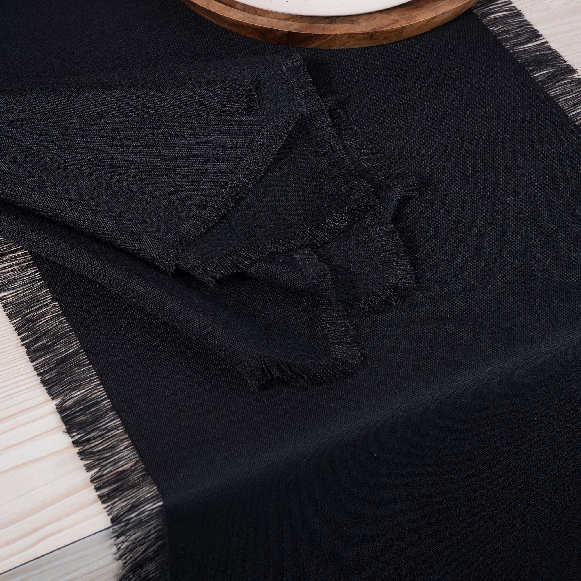 Black Table Runner, Faux Linen, Fringe