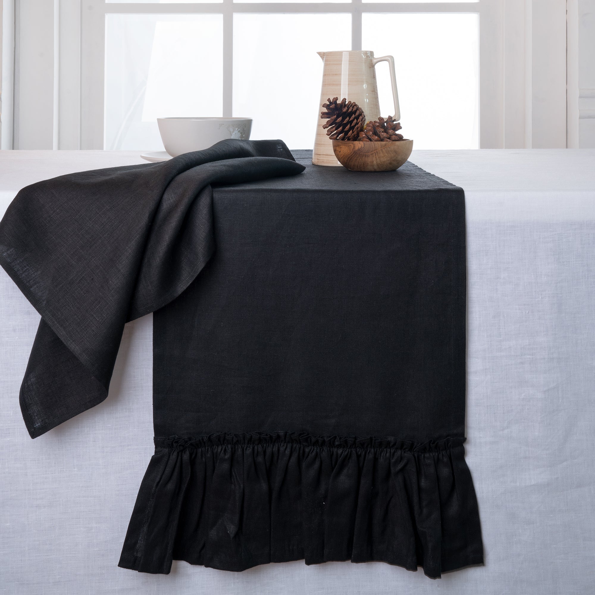 Black Linen Table Runner, Ruffle