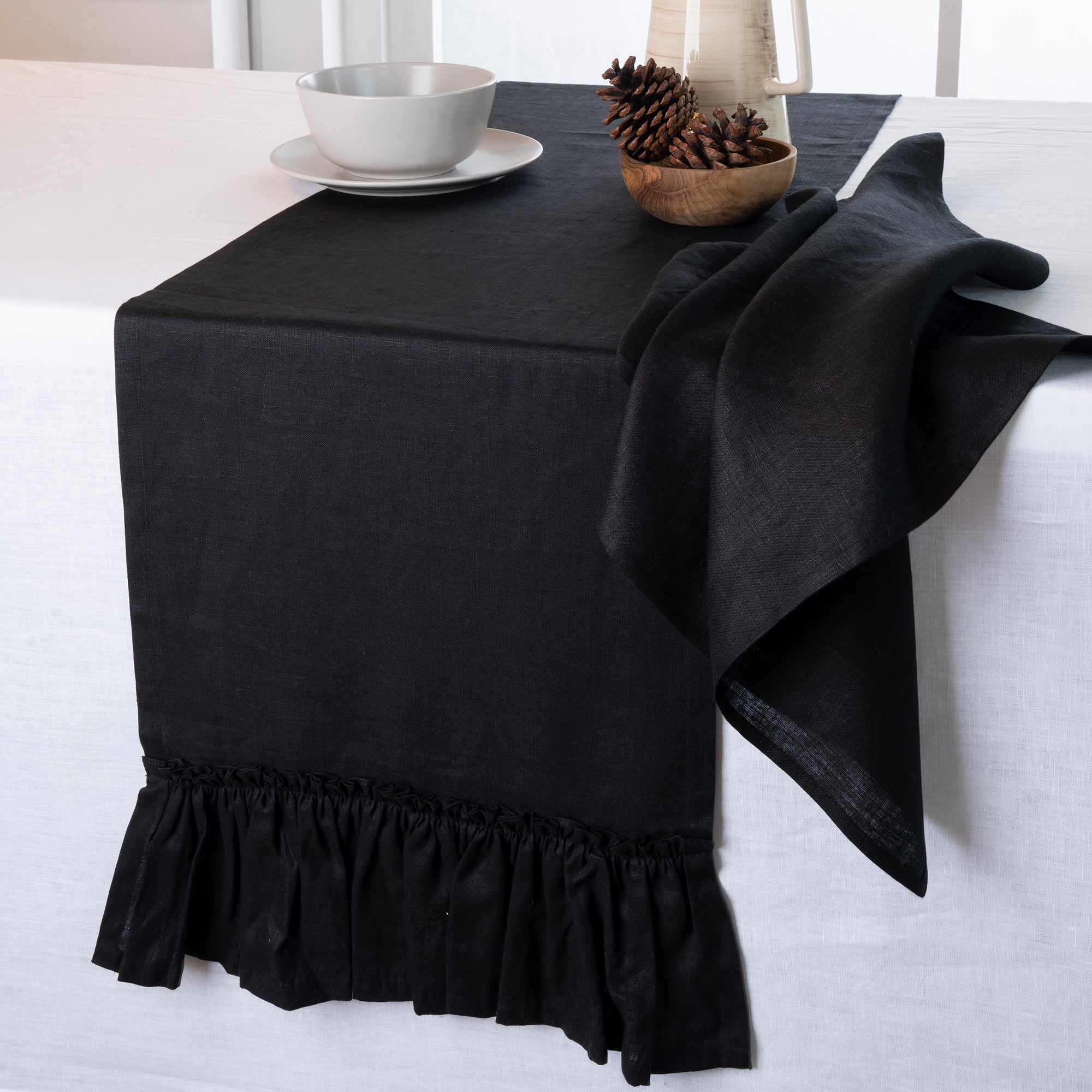 Black Linen Table Runner, Ruffle