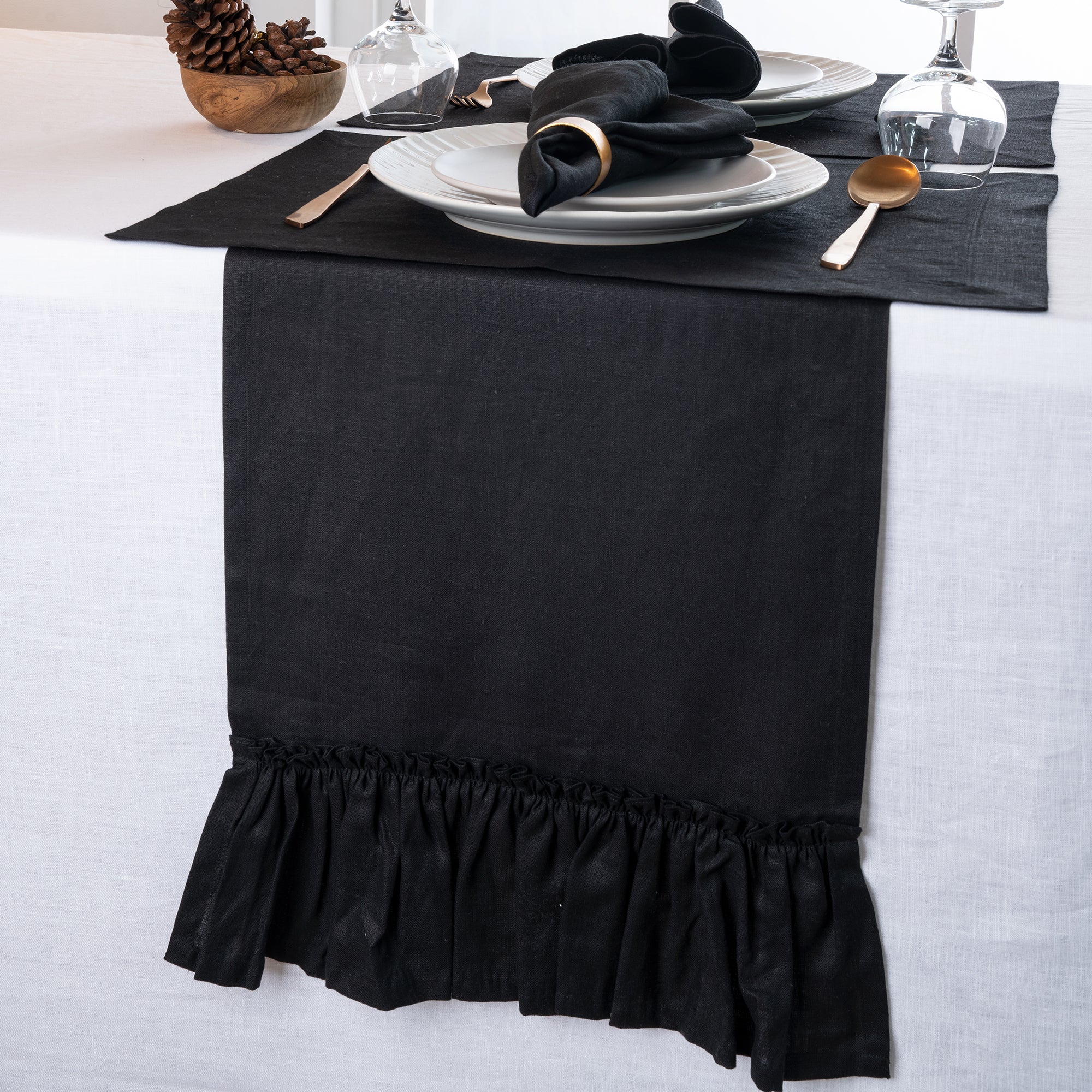 Black Linen Table Runner, Ruffle