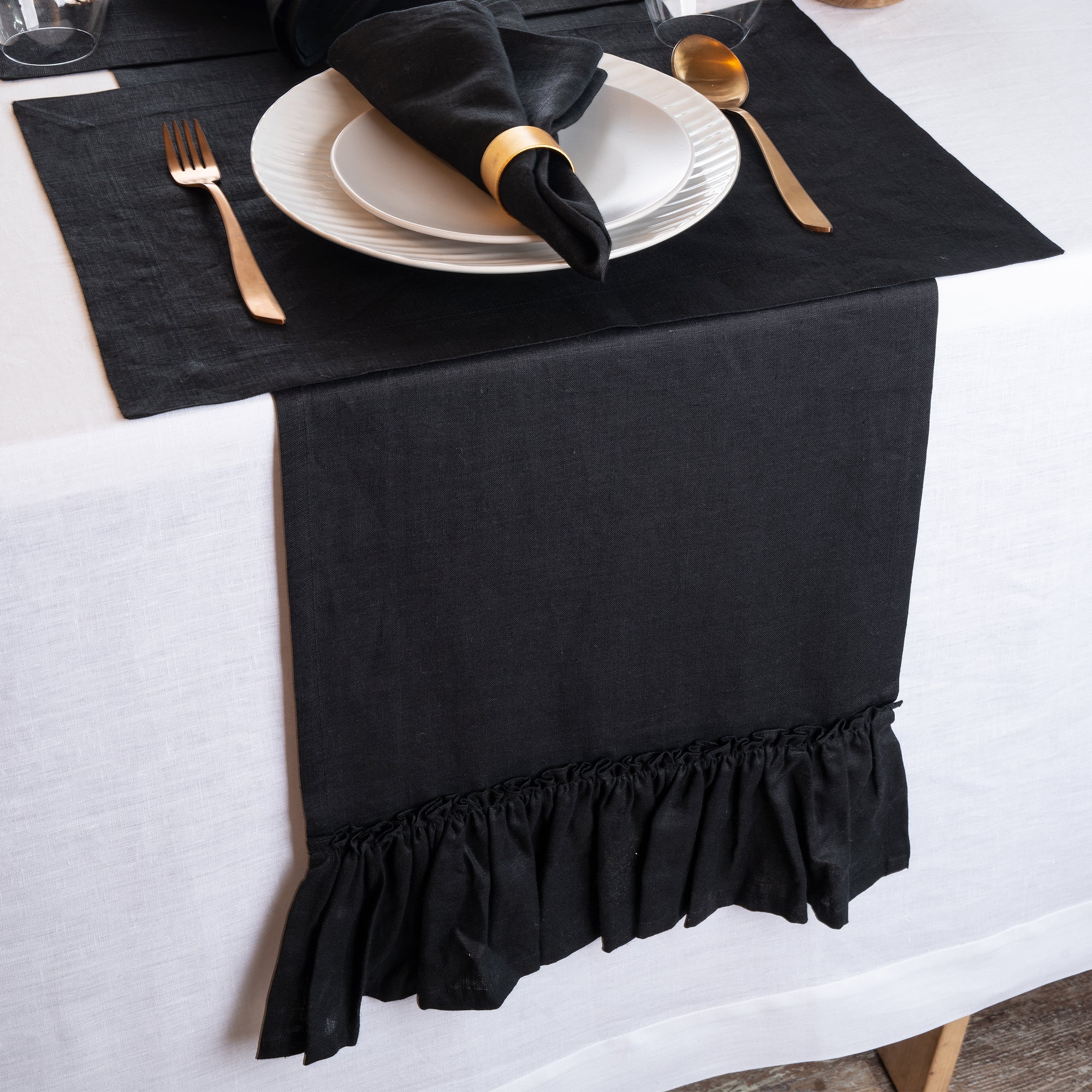 Black Linen Table Runner, Ruffle