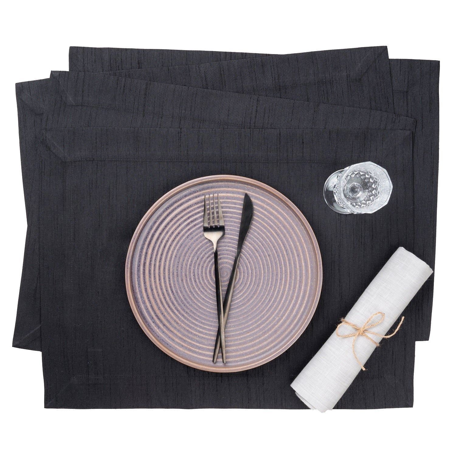 Black Vegan Silk Placemats, Mitered Corner, 14 x 19 inch, 4 pcs