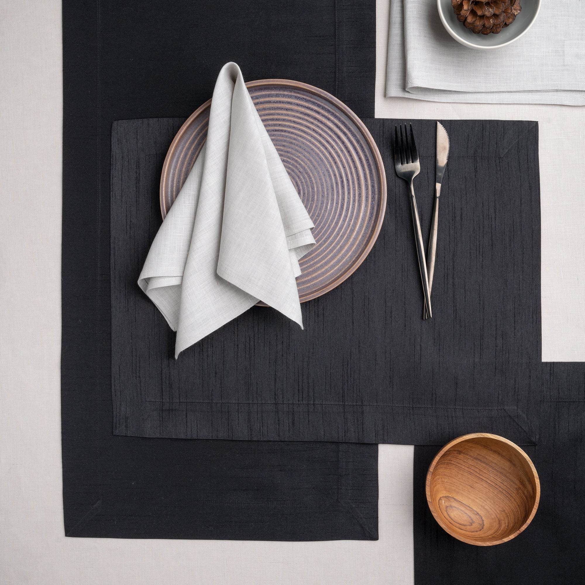 Charcoal Grey Vegan Silk Placemats, Mitered Corner, 14 x 19 inch, 4 pcs