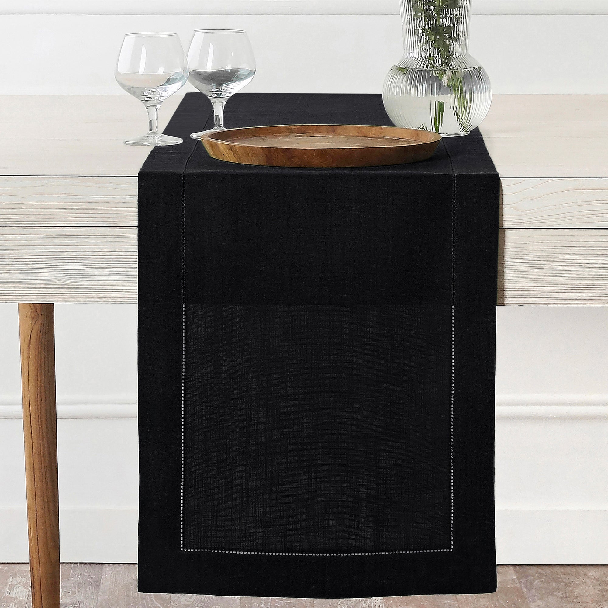 Black Linen Table Runner, Hemstitch