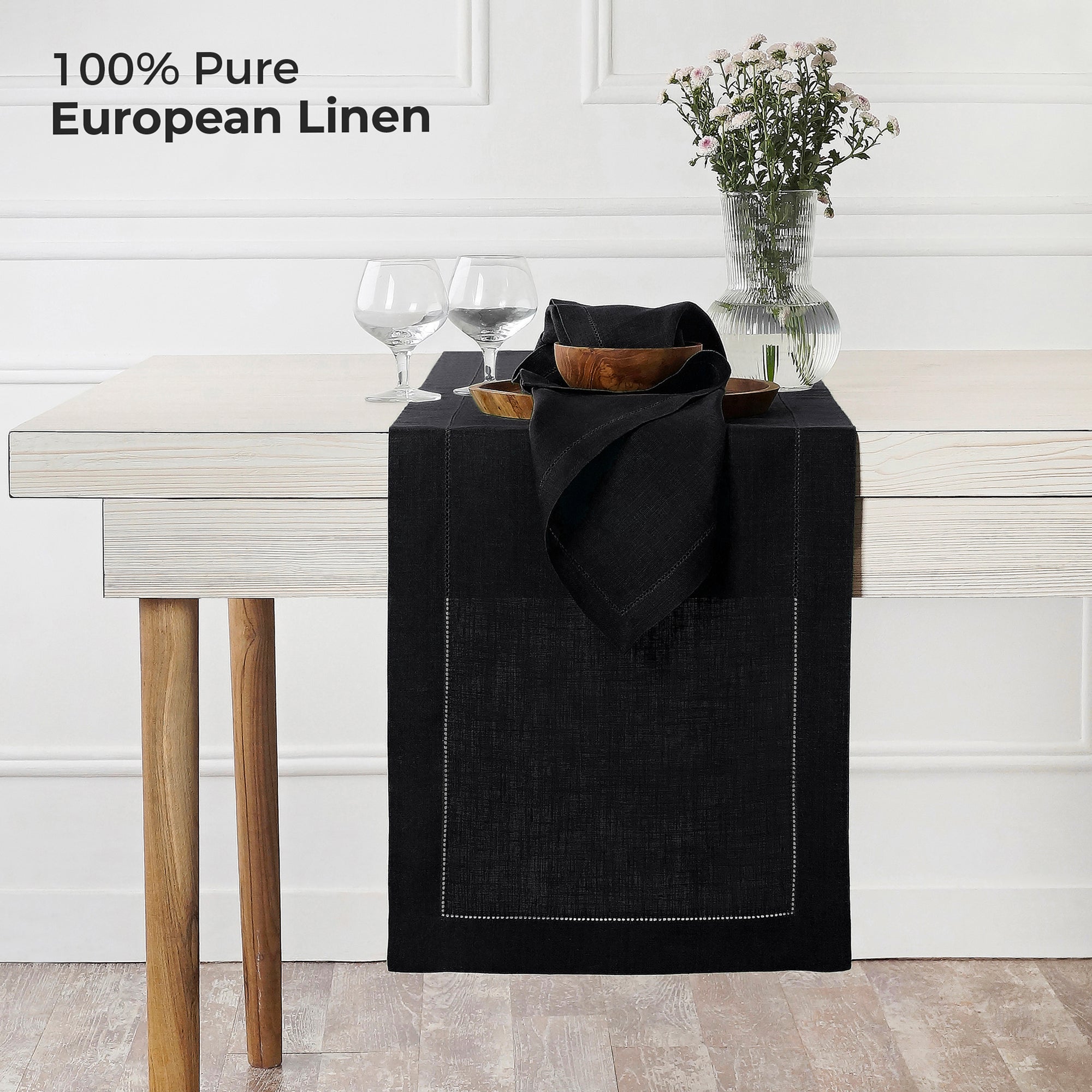 Black Linen Table Runner, Hemstitch