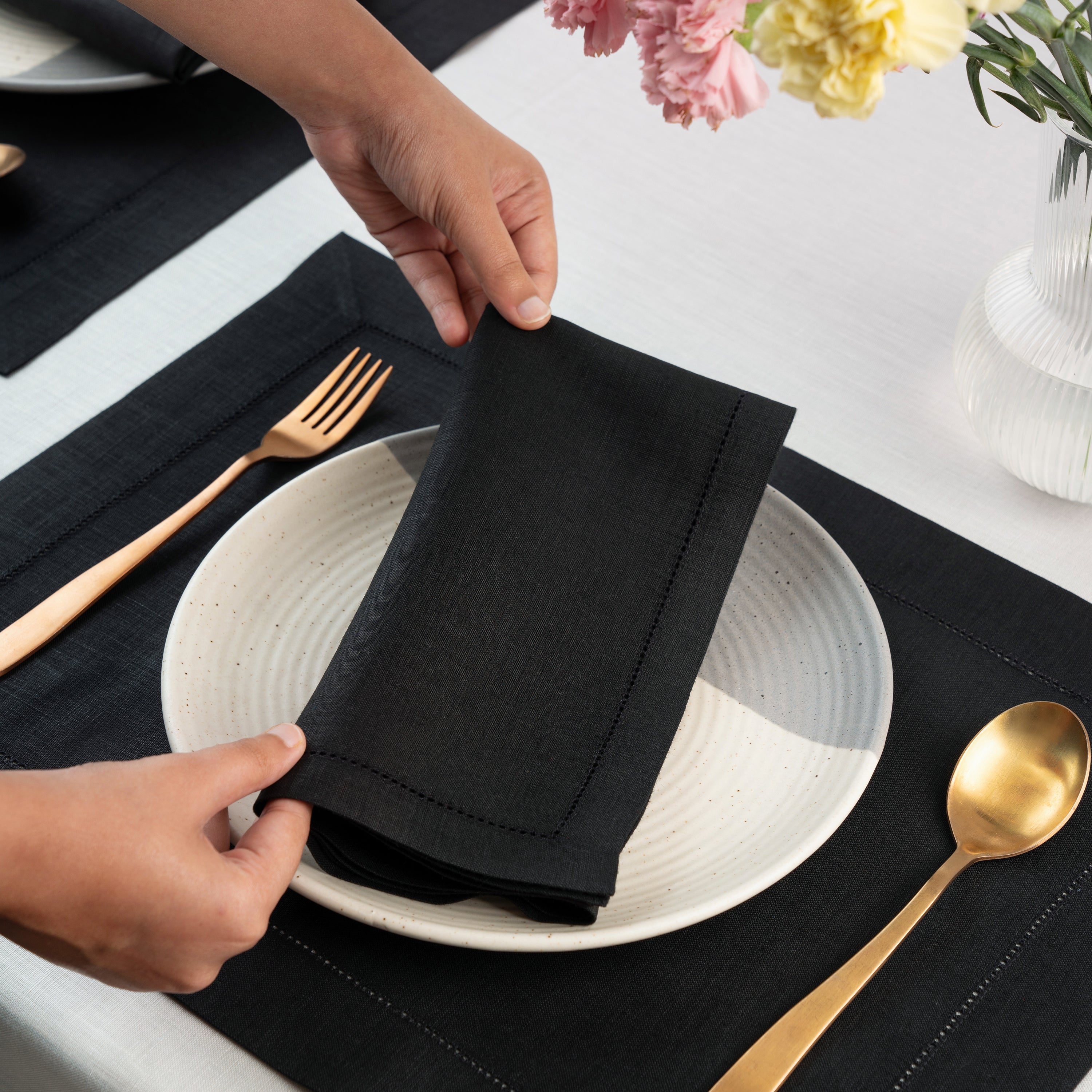 Black Linen Napkins, Hemstitch, 20 x 20 inch, 6 pcs