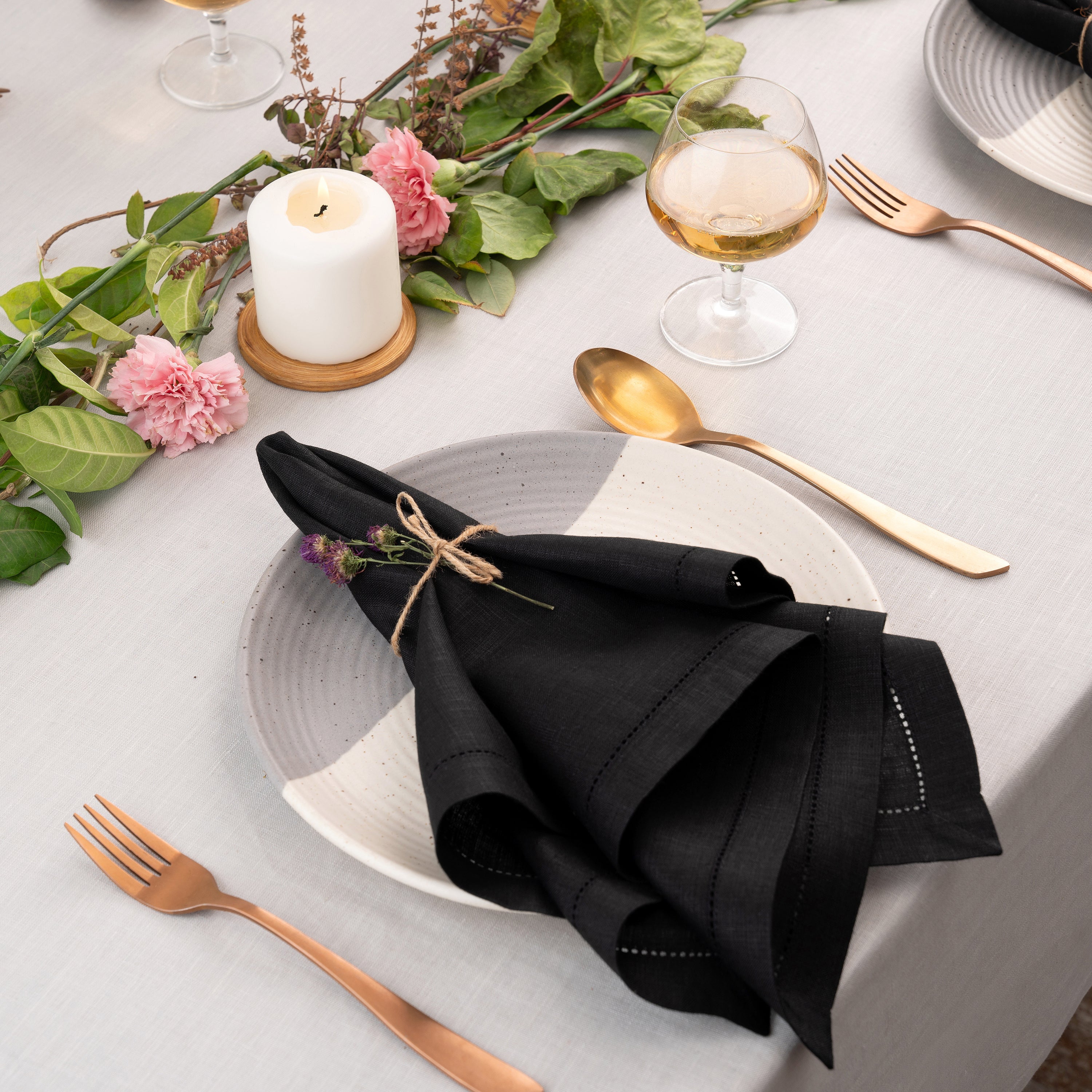 Black Linen Napkins, Hemstitch, 20 x 20 inch, 4 pcs