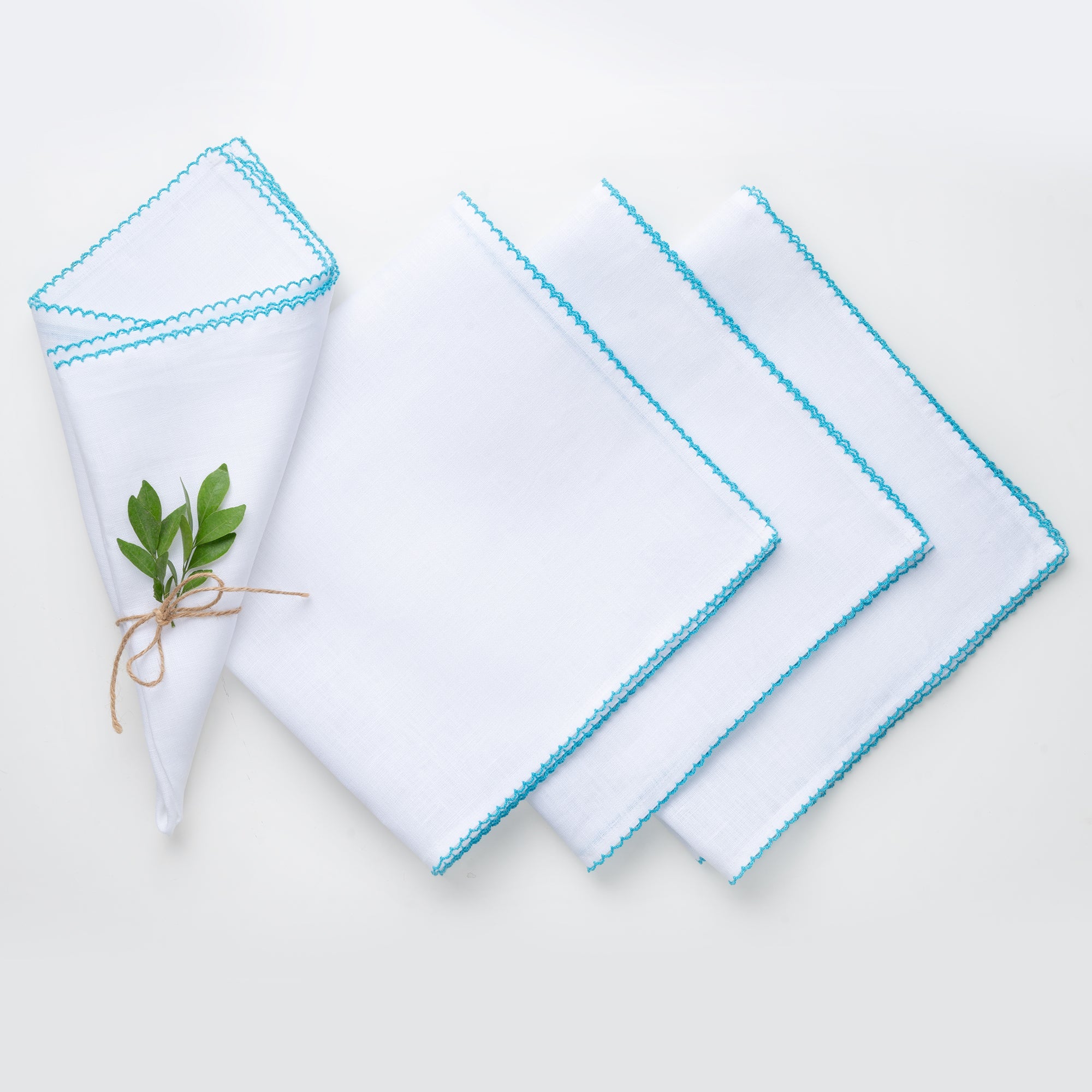 White and Blue Linen Napkins, Whipstitch, 20 x 20 inch, 4 pcs