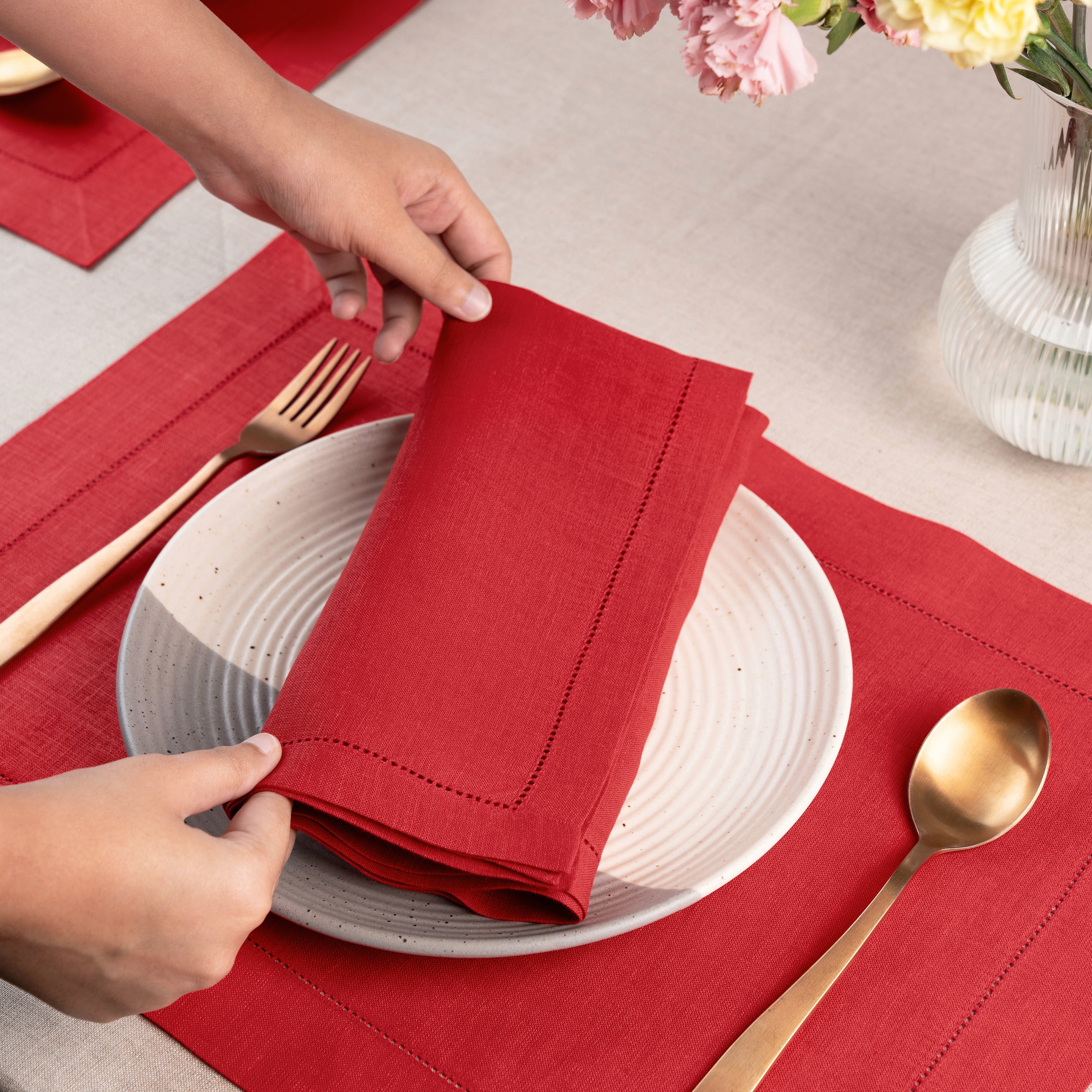 Bright Red Linen Napkins, Hemstitch, 20 x 20 inch, 4 pcs