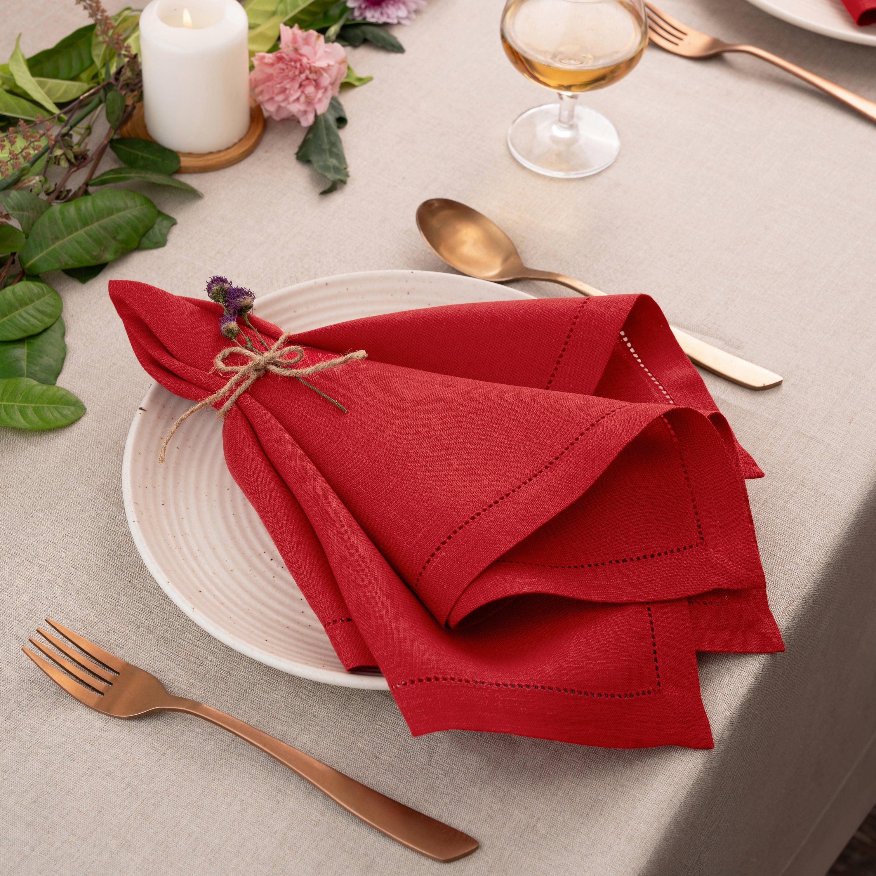 Bright Red Linen Napkins, Hemstitch, 20 x 20 inch, 4 pcs