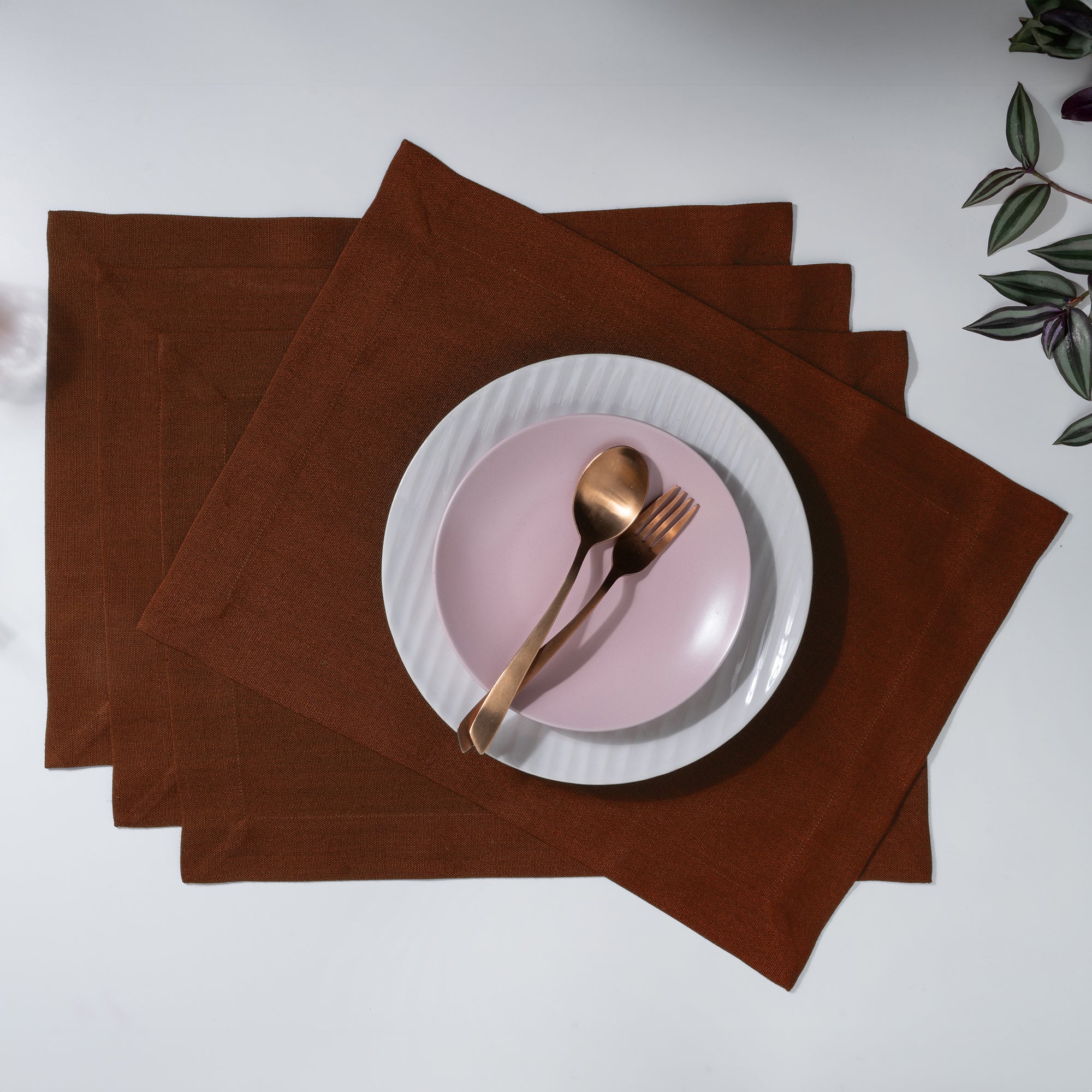 Brown Faux Linen Placemats, Mitered Corner, 14 x 19 inch, 4 pcs