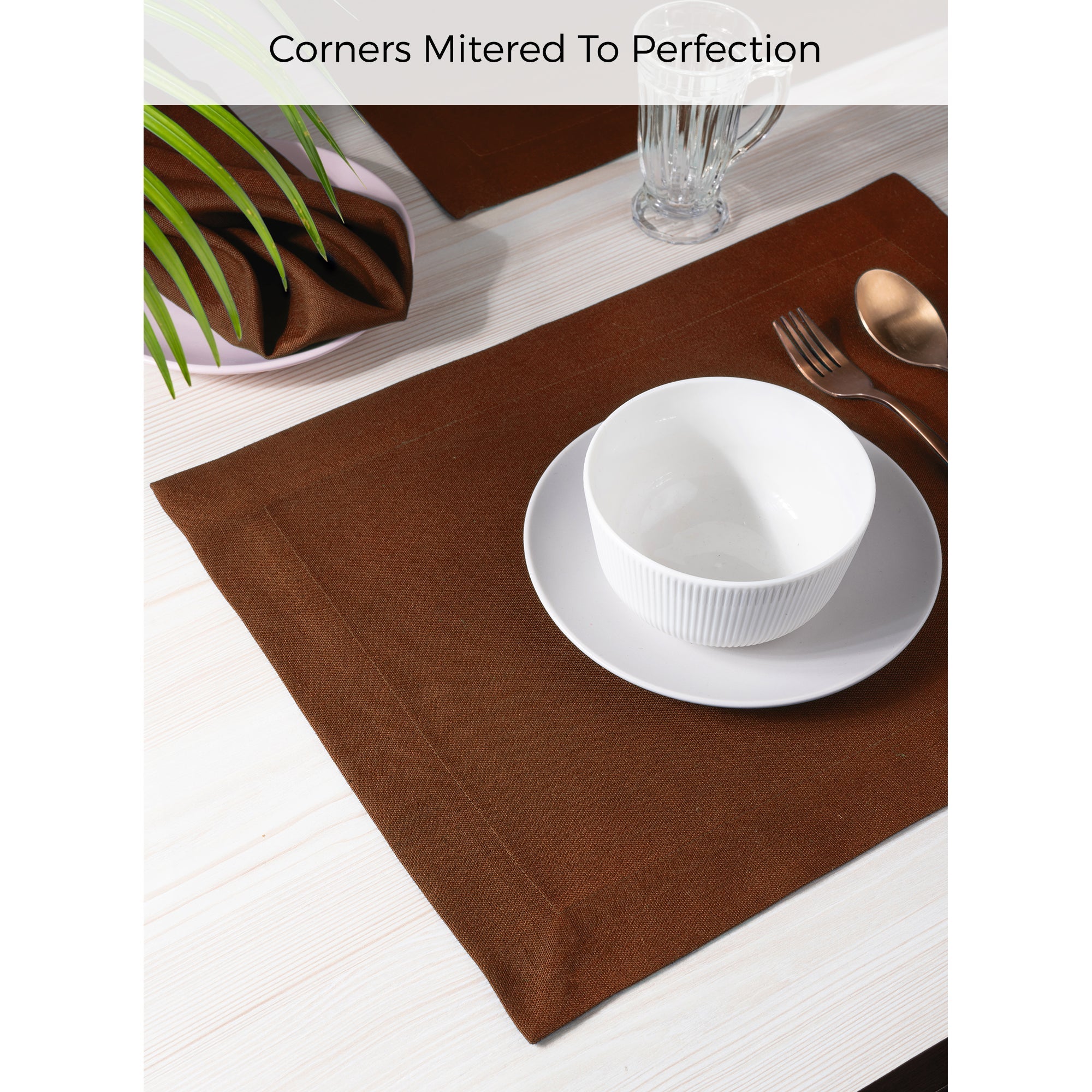 Brown Faux Linen Placemats, Mitered Corner, 14 x 19 inch, 4 pcs