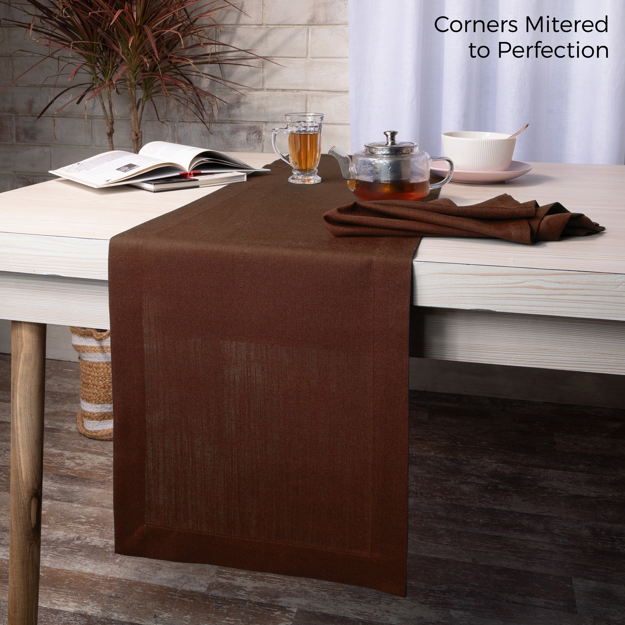 Brown Table Runner, Faux Linen, Mitered Corner