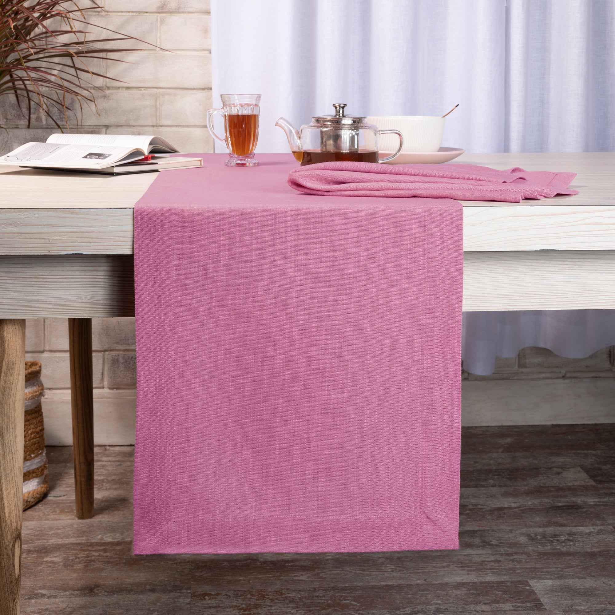 Bubblegum Pink Table Runner, Faux Linen, Mitered Corner