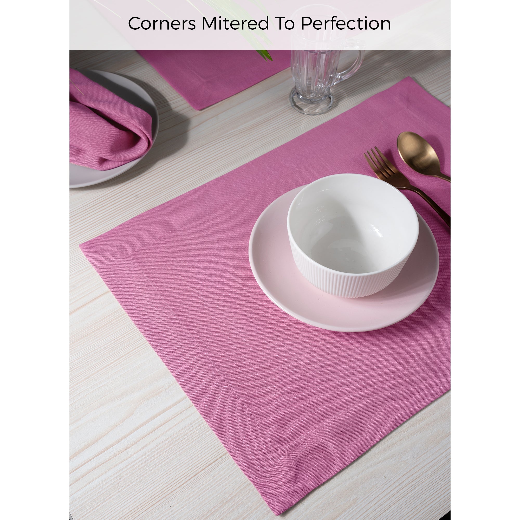 Bubblegum Pink Faux Linen Placemats, Mitered Corner, 14 x 19 inch, 4 pcs