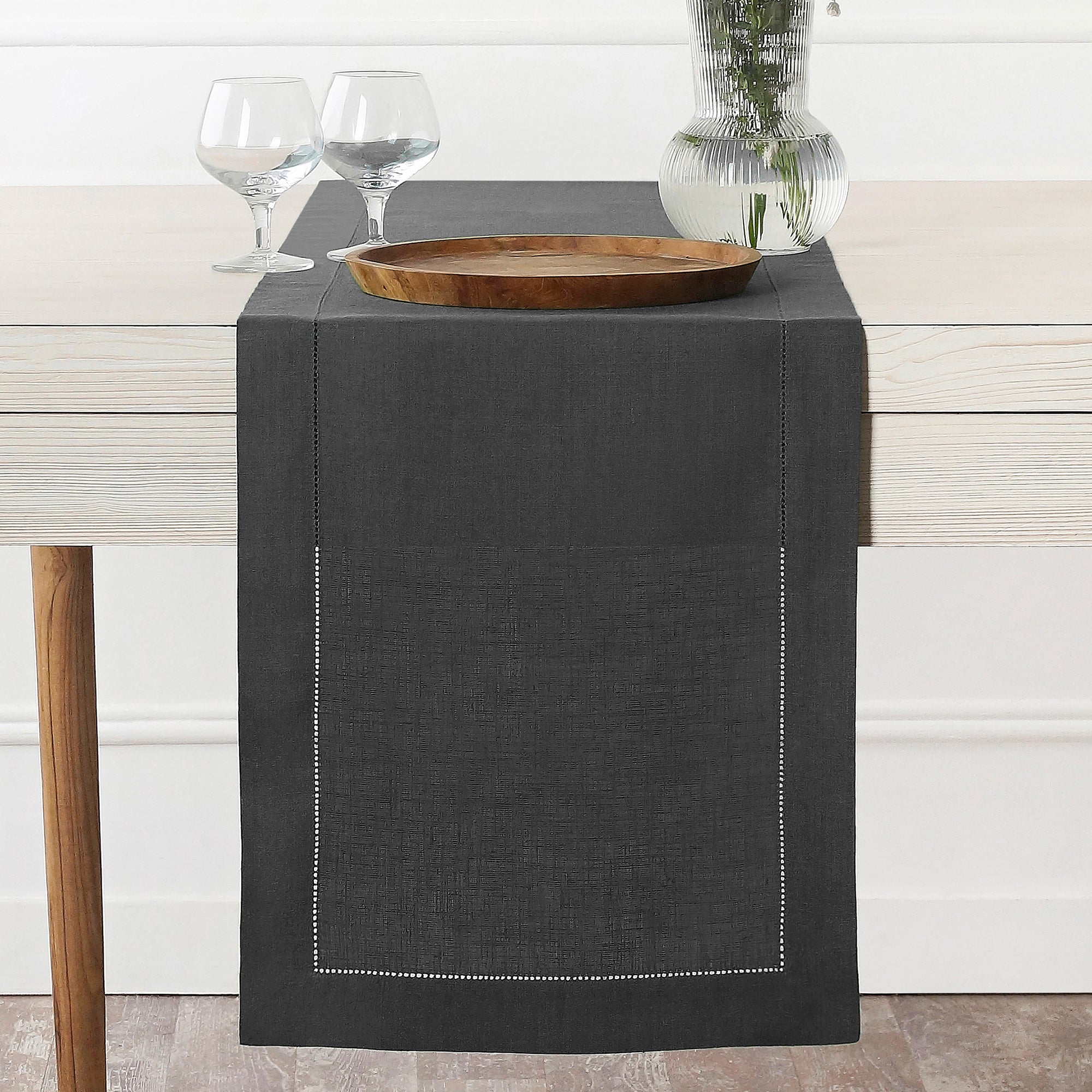 Charcoal Grey Linen Table Runner, Hemstitch