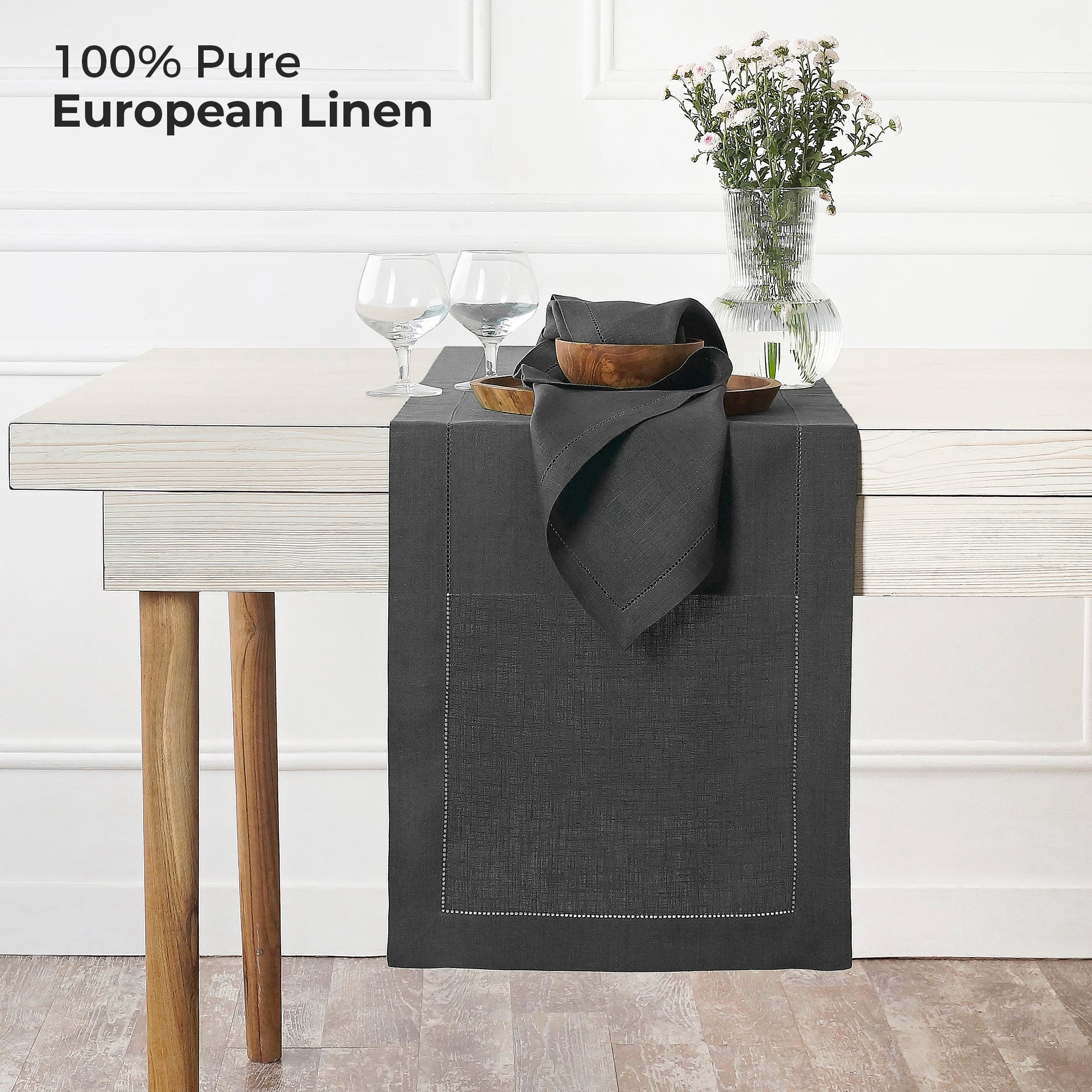 Charcoal Grey Linen Table Runner, Hemstitch