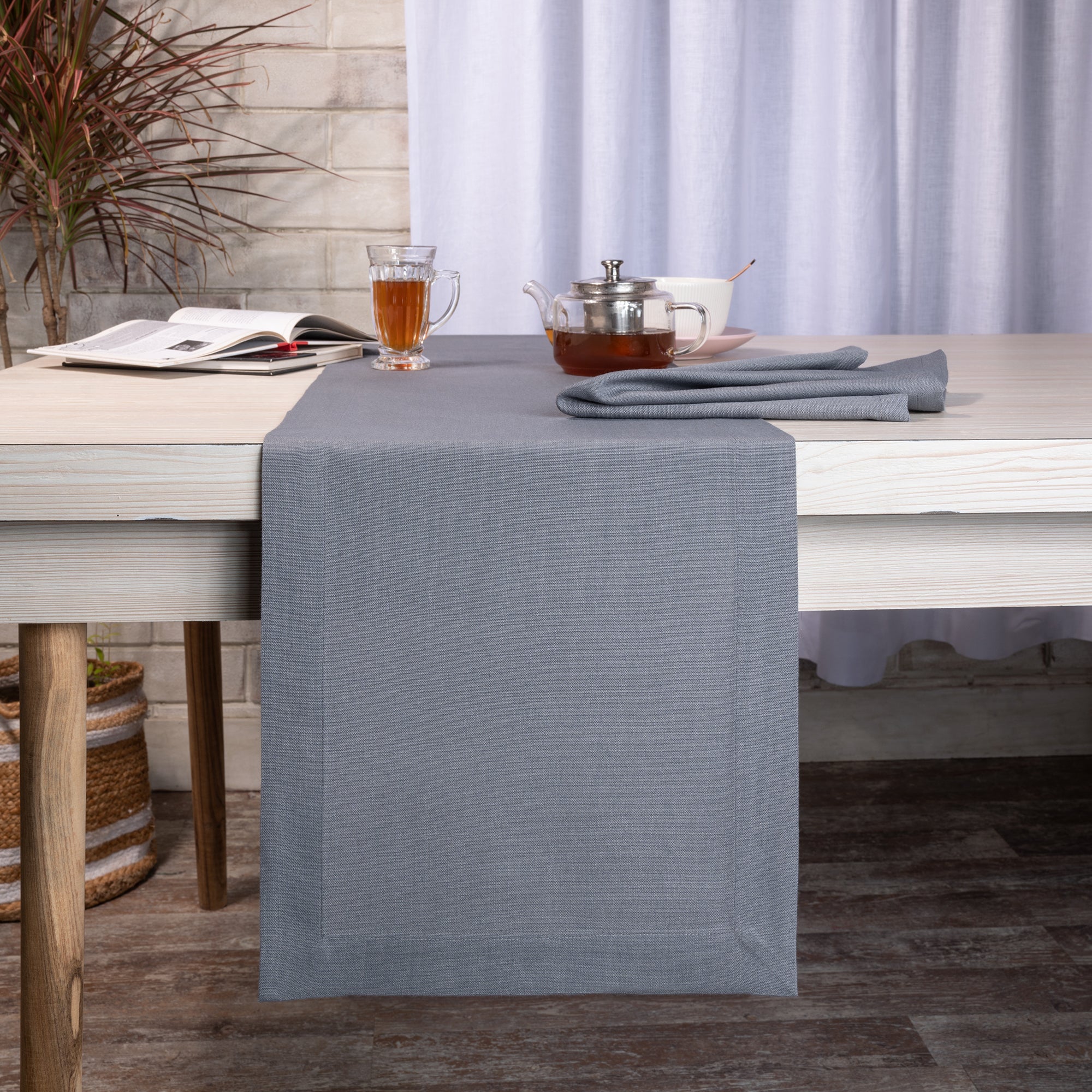 Charcoal Grey Table Runner, Faux Linen, Mitered Corner