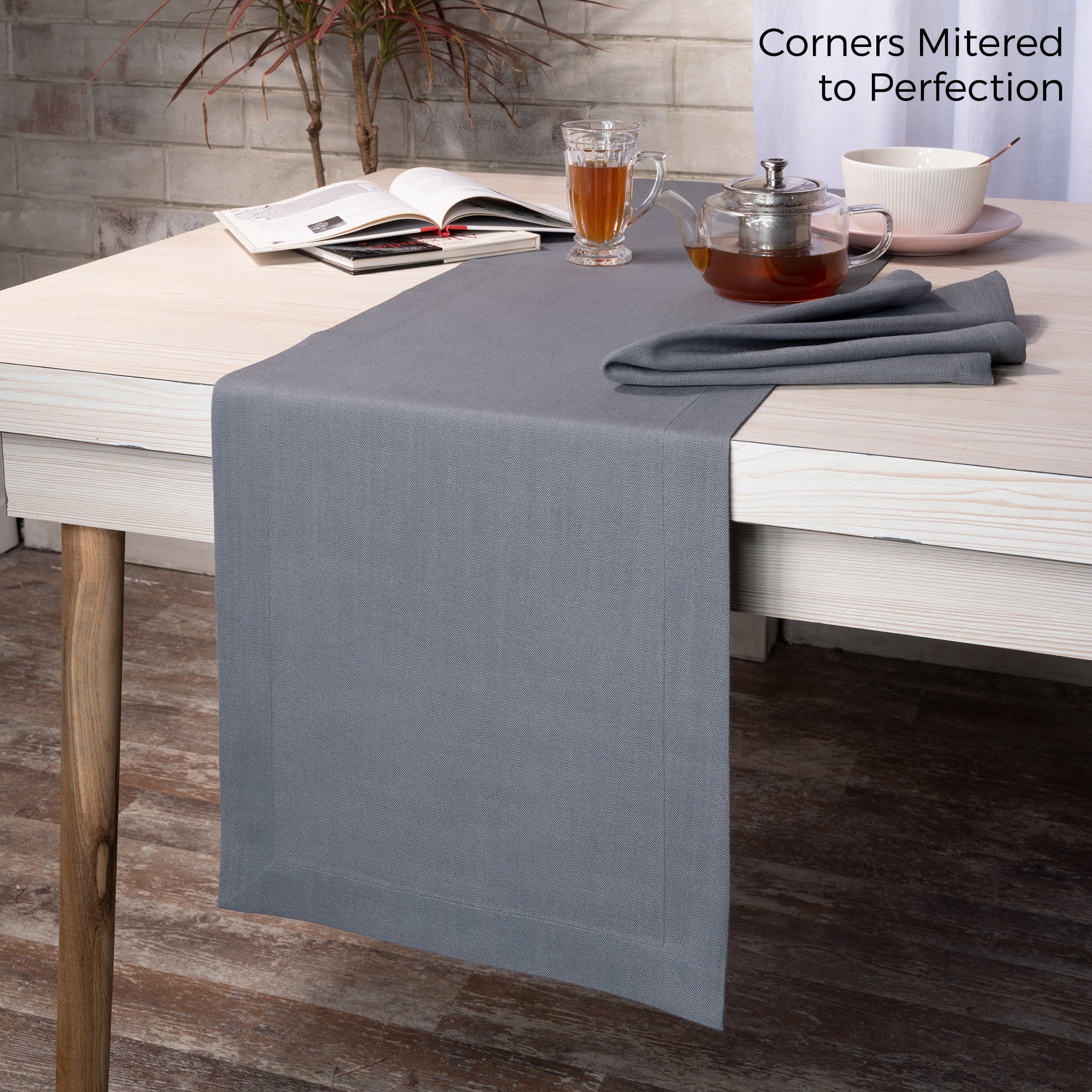 Charcoal Grey Table Runner, Faux Linen, Mitered Corner