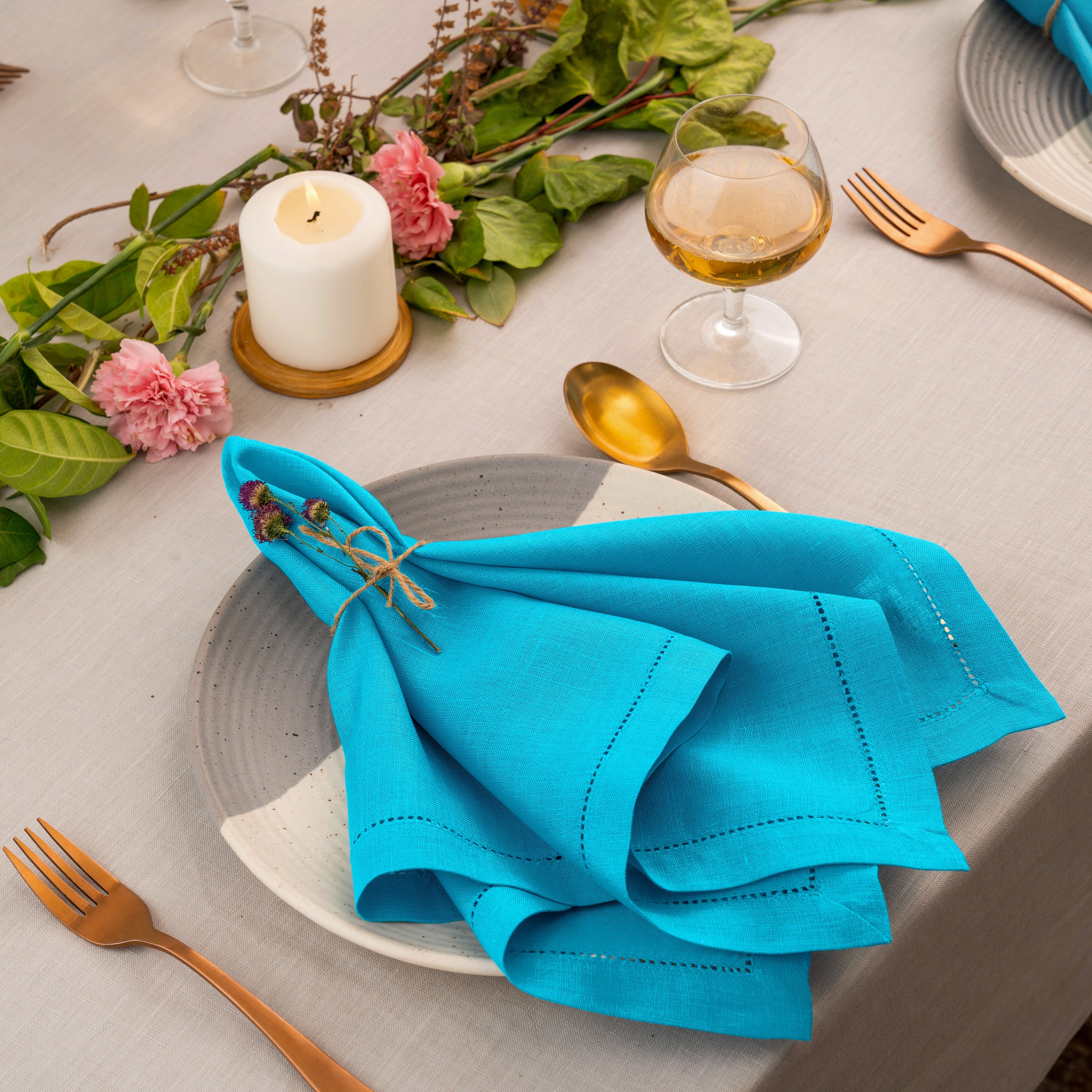 Cyan Blue Linen Napkins, Hemstitch, 20 x 20 inch, 4 pcs