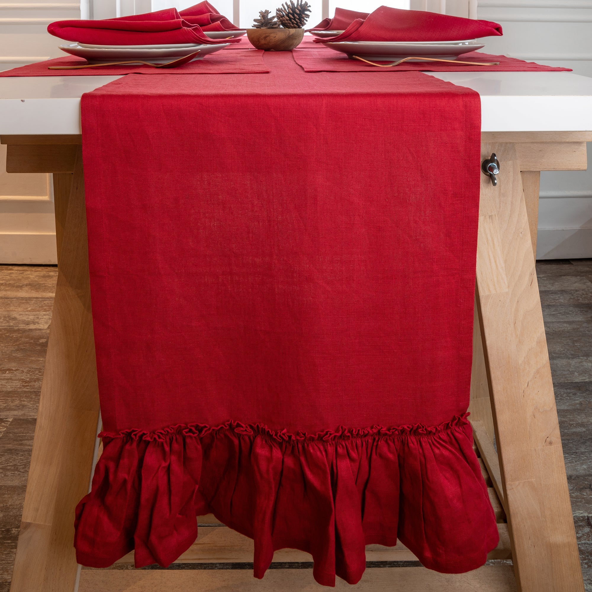 Red Linen Linen Table Runner, Ruffle