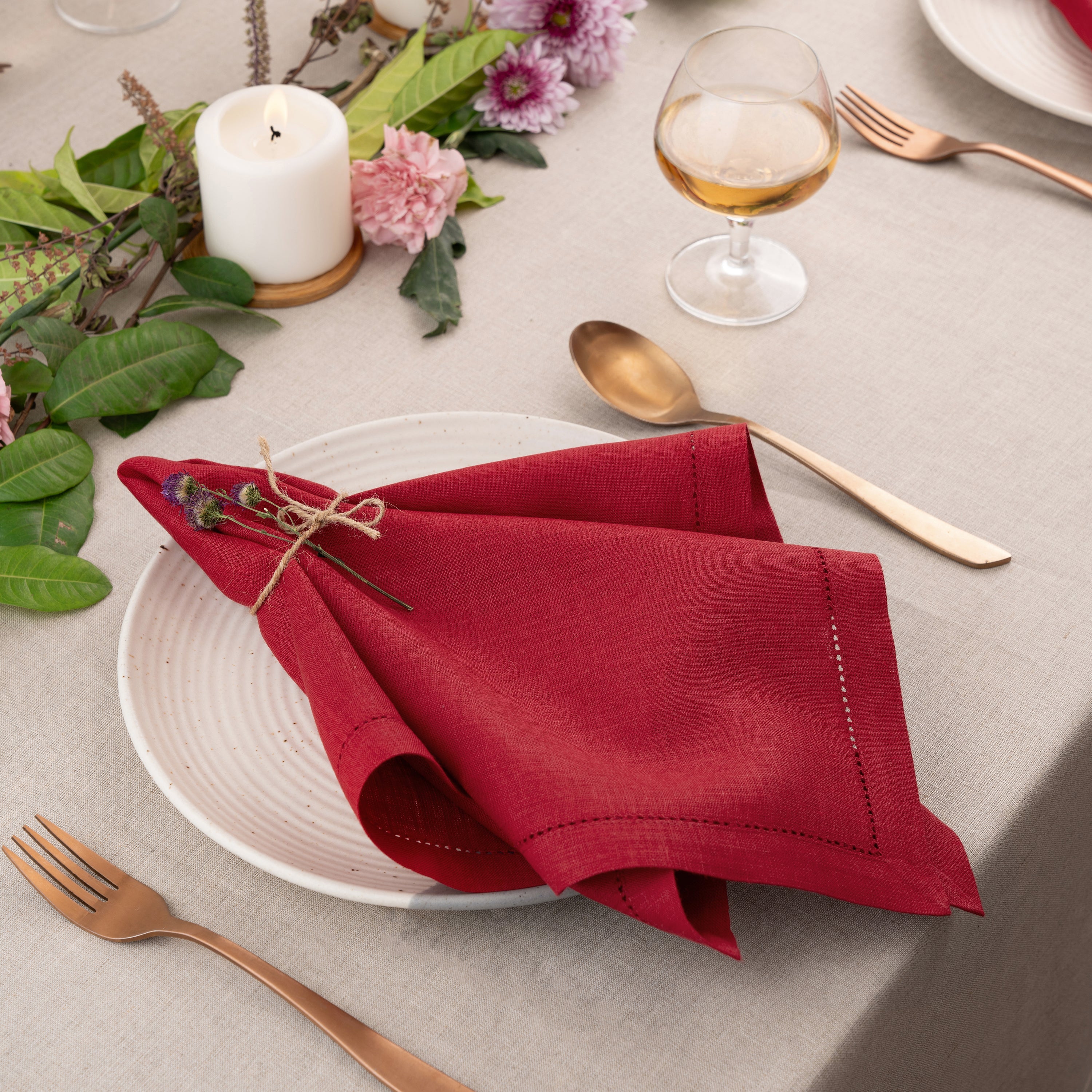 Red Linen Napkins, Hemstitch, 20 x 20 inch, 6 pcs