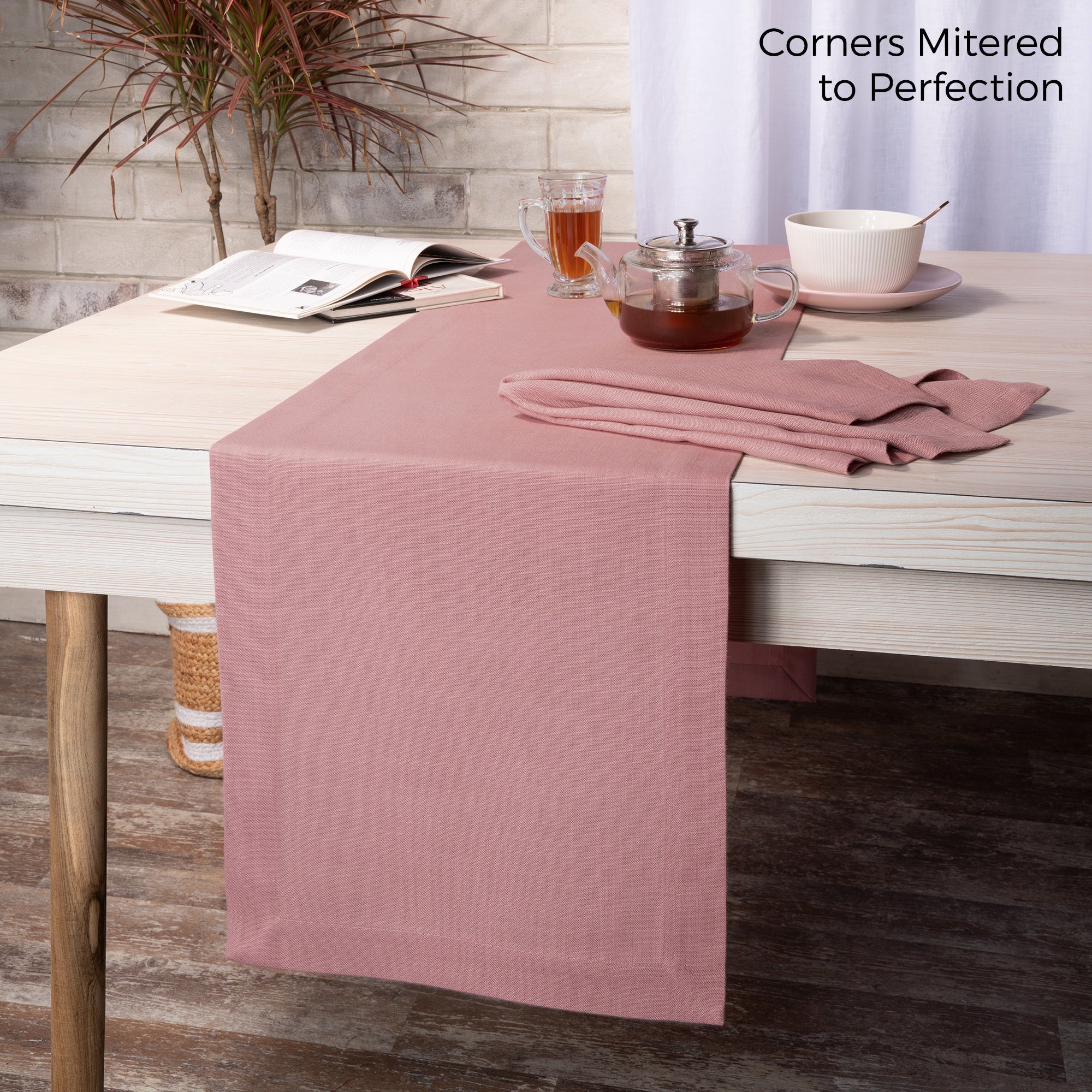 Dusty Pink Table Runner, Faux Linen, Mitered Corner