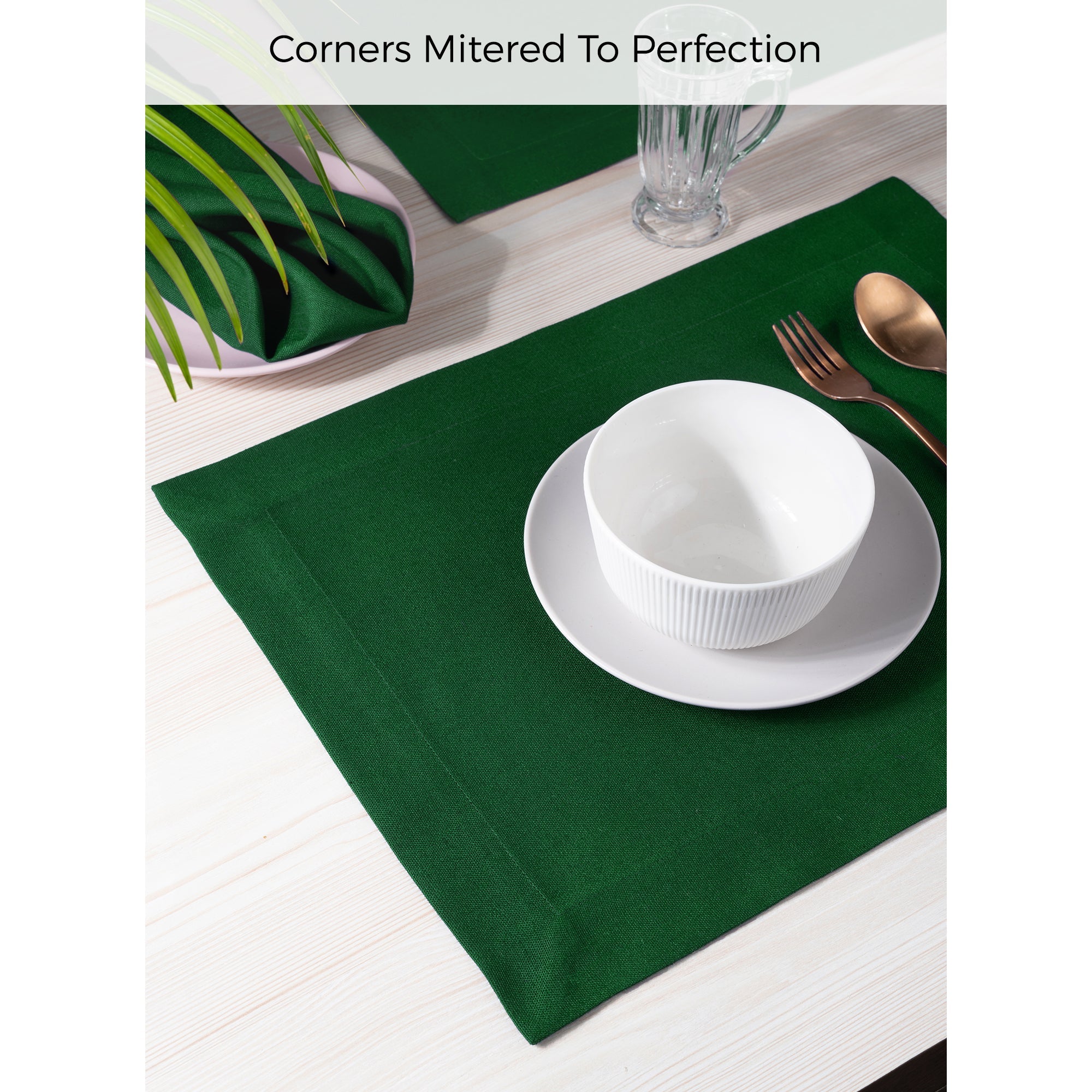 Eden Green Faux Linen Placemats, Mitered Corner, 14 x 19 inch, 4 pcs