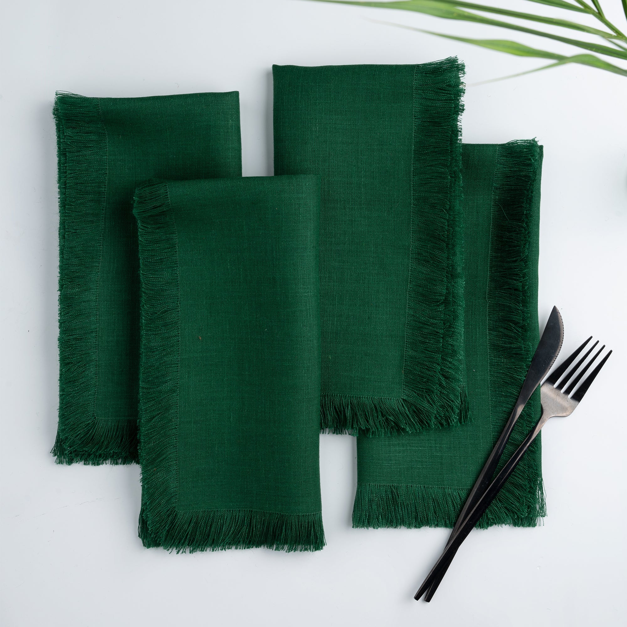 Forest Green Linen Napkins, Fringe, 20 x 20 inch, 4 pcs