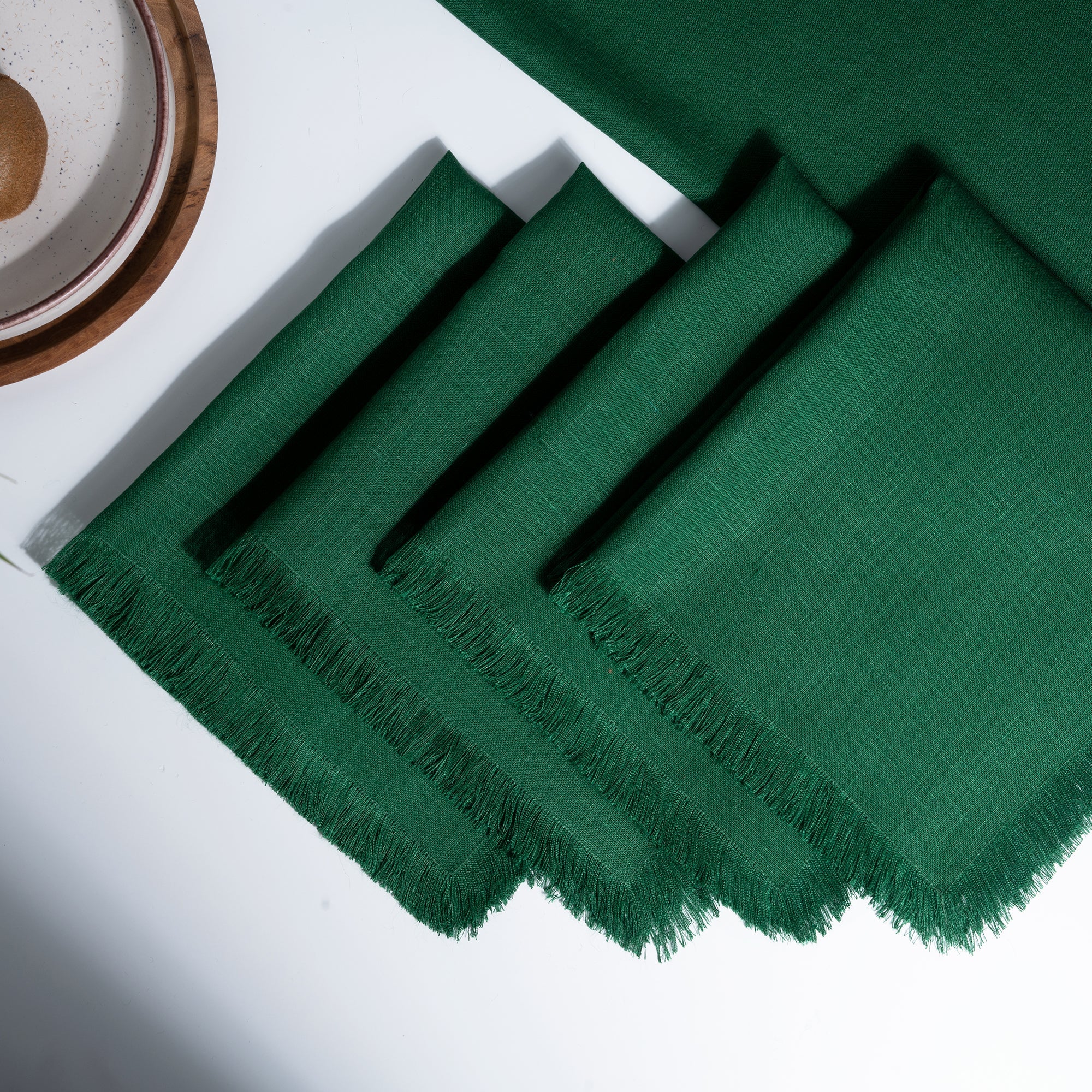 Forest Green Linen Napkins, Fringe, 20 x 20 inch, 4 pcs