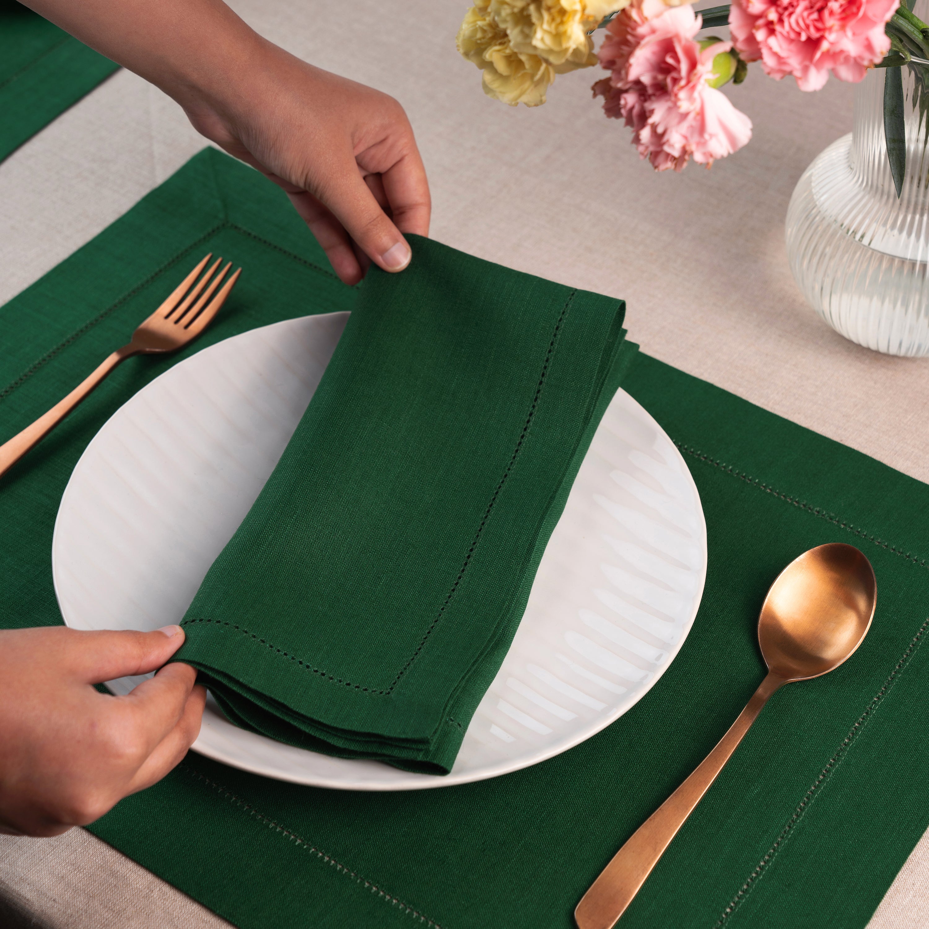 Forest Green Linen Napkins, Hemstitch, 20 x 20 inch, 6 pcs