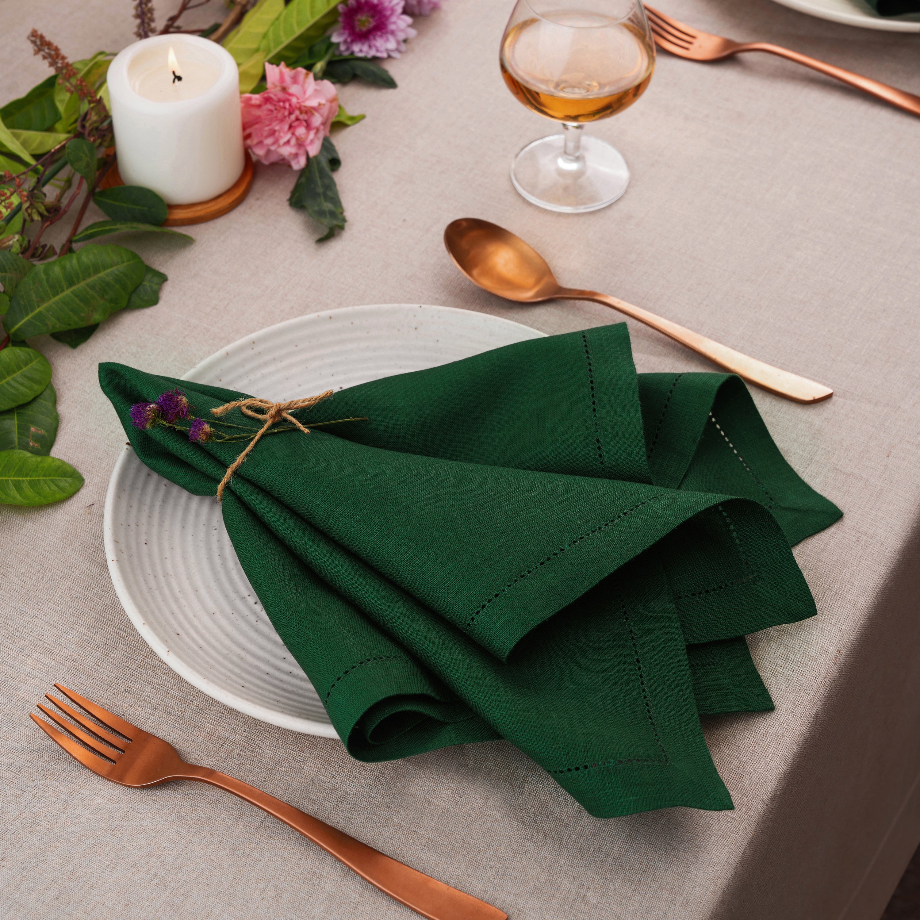 Forest Green Linen Napkins, Hemstitch, 20 x 20 inch, 6 pcs