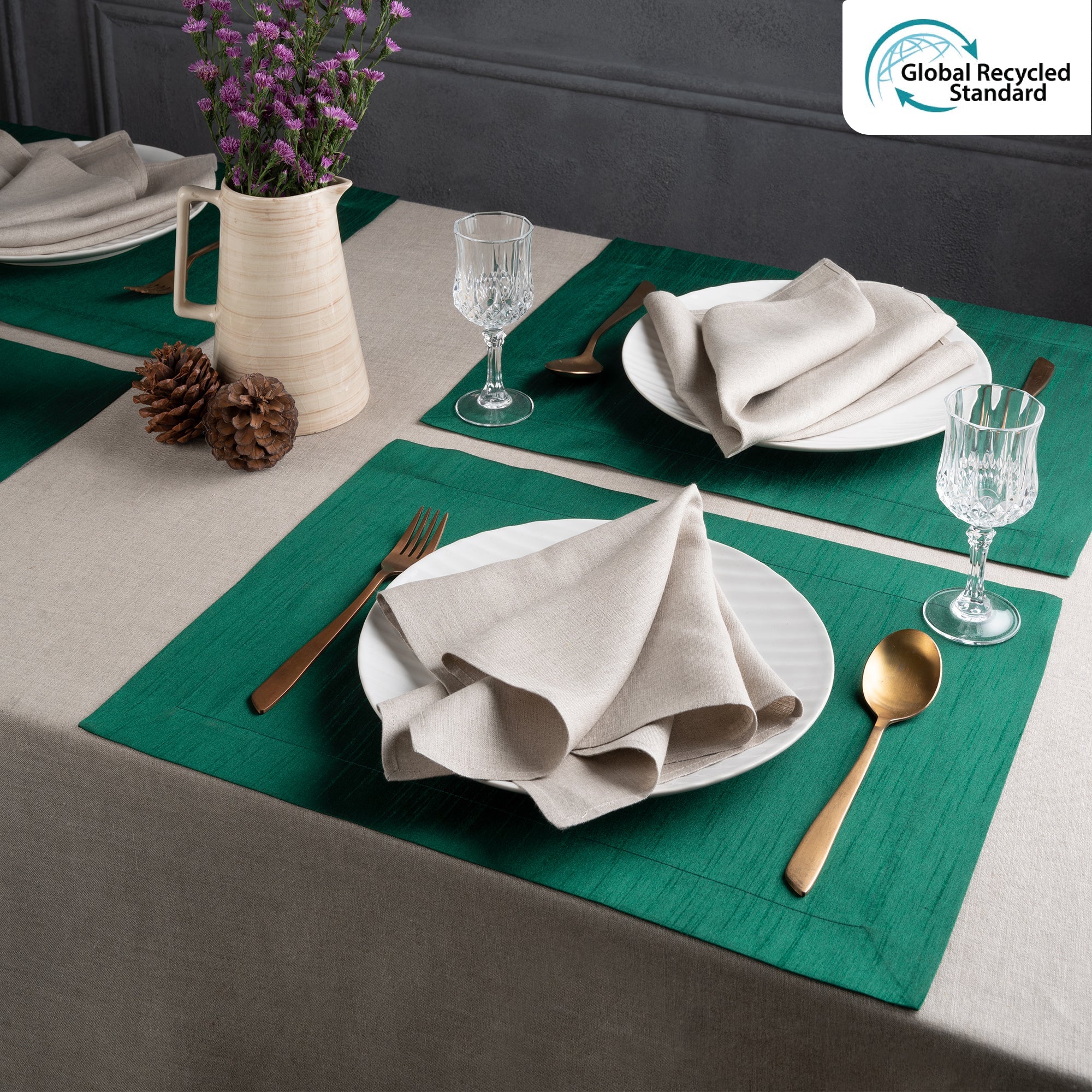 Emerald Green Vegan Silk Placemats, Mitered Corner, 14 x 19 inch, 4 pcs