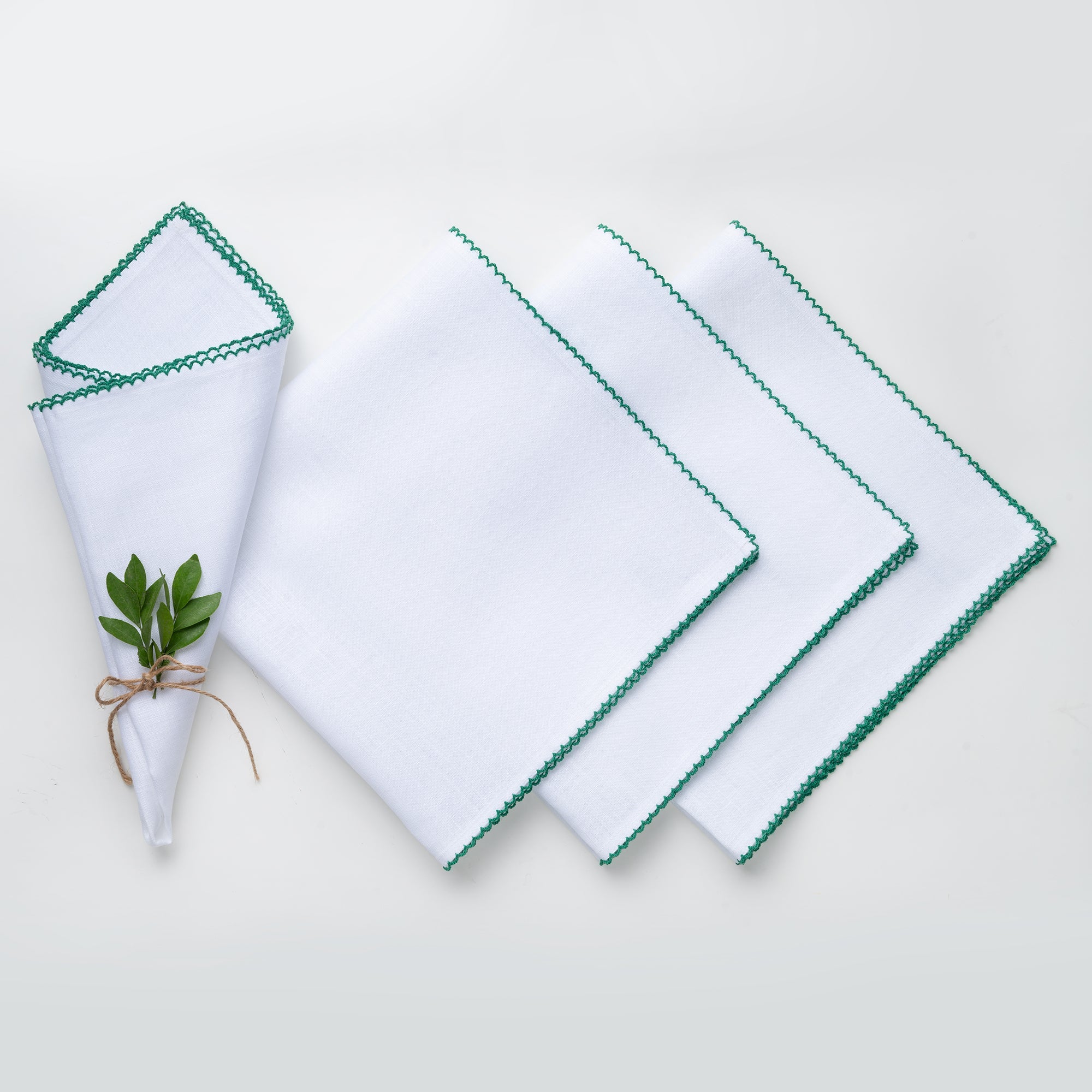 White and Green Linen Napkins, Whipstitch, 20 x 20 inch, 4 pcs