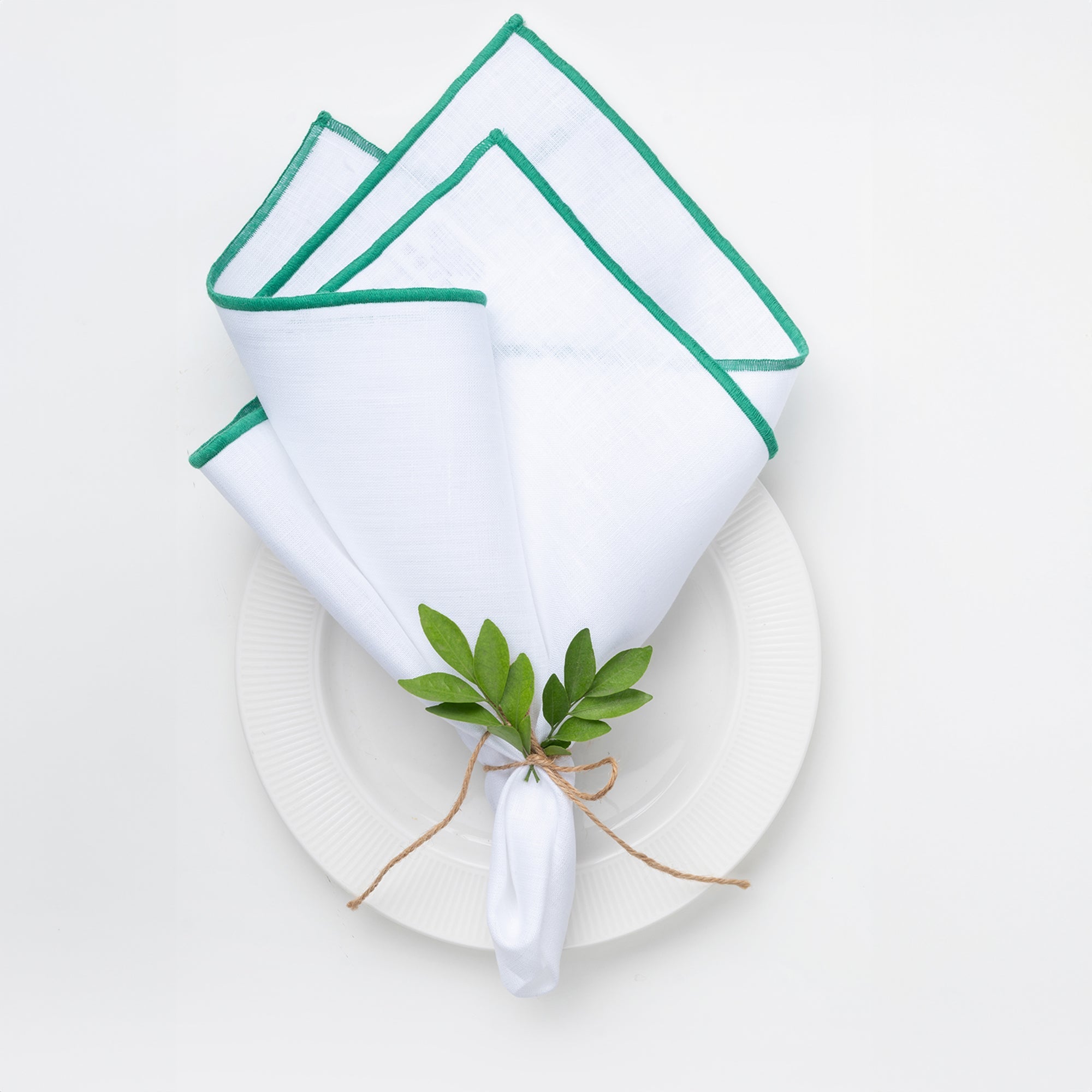 White and Green Linen Napkins, Marrow Edge, 20 x 20 inch, 4 pcs