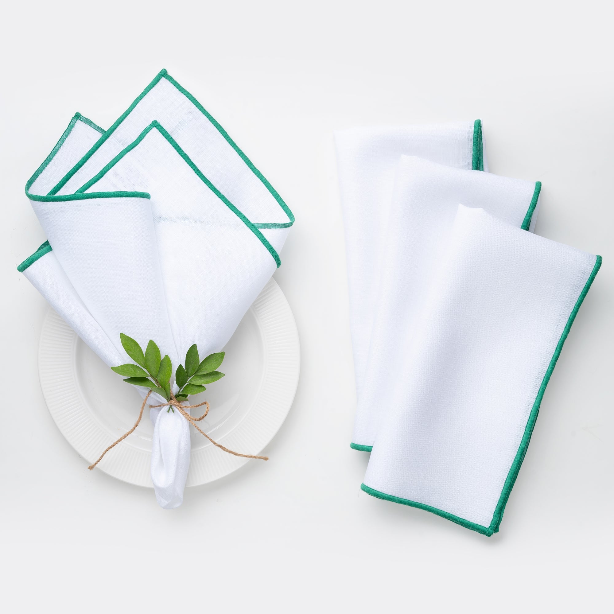 White and Green Linen Napkins, Marrow Edge, 20 x 20 inch, 4 pcs