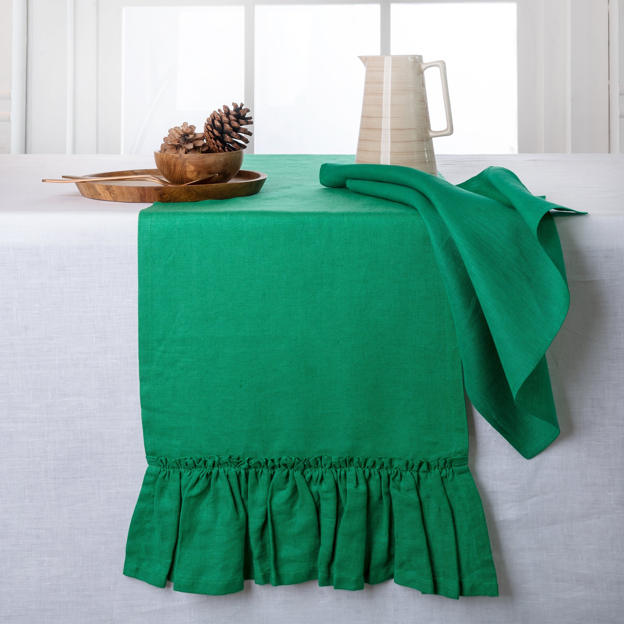 Kelly Green Linen Table Runner, Ruffle